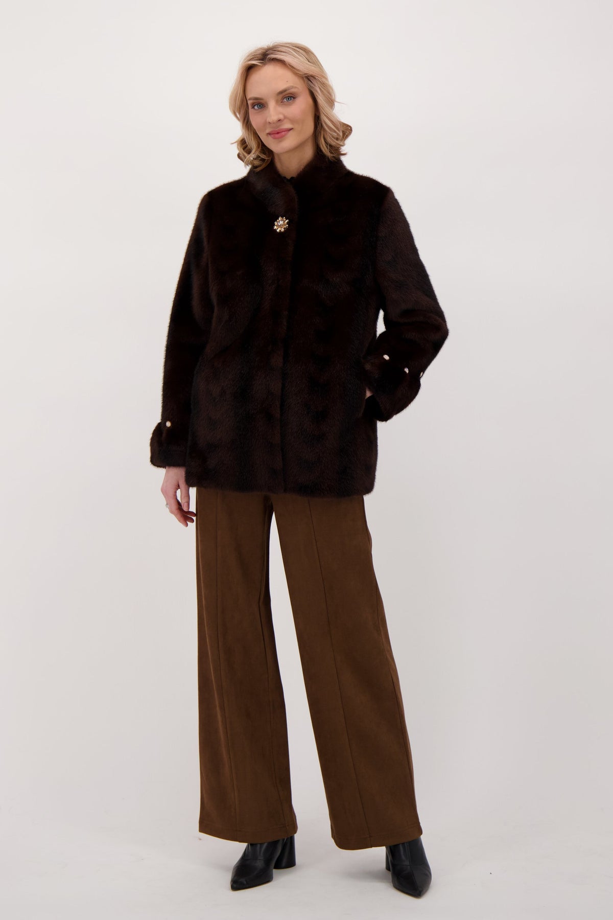 Faux Fur Jacket With Detachable Jeweled Button