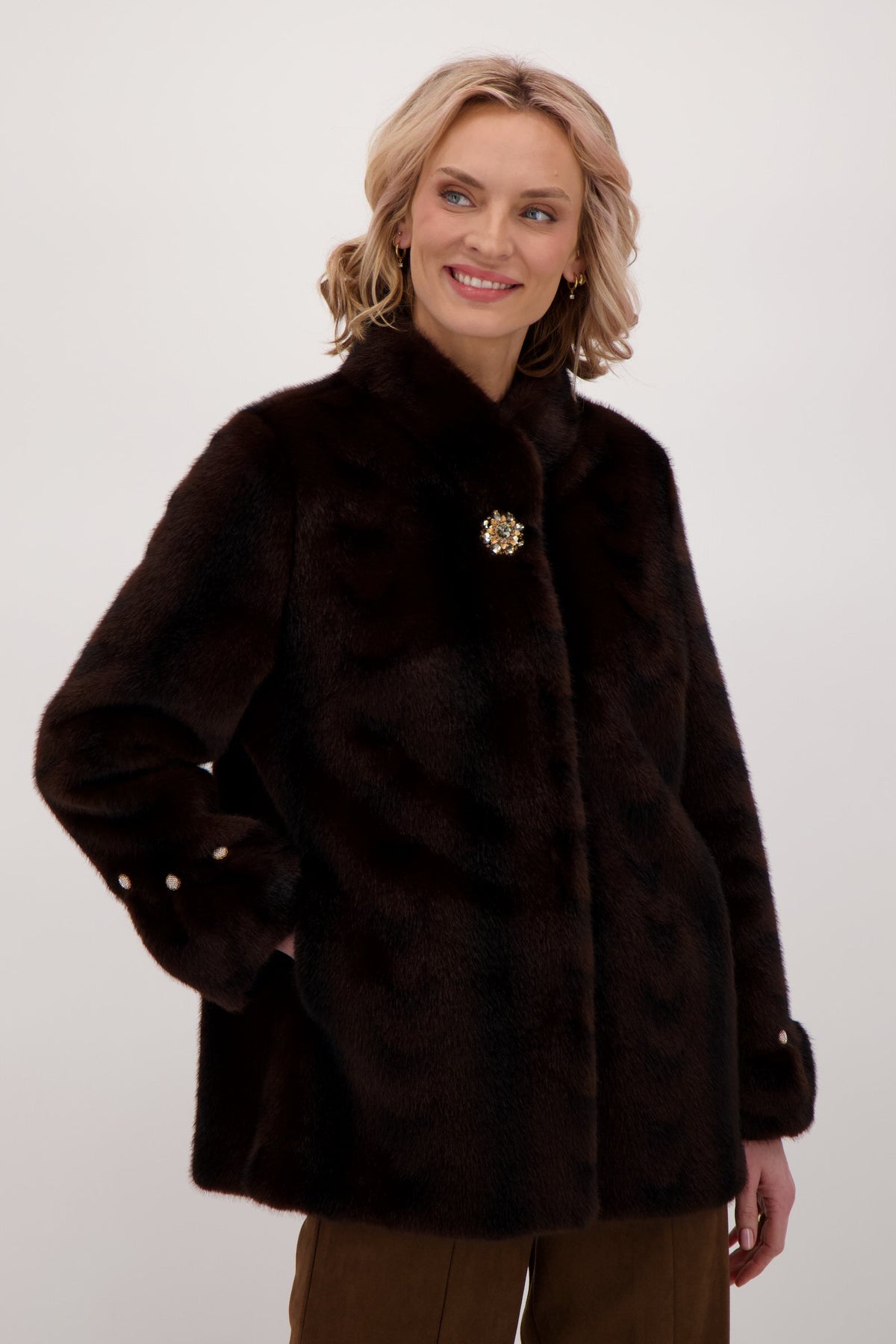 Faux Fur Jacket With Detachable Jeweled Button
