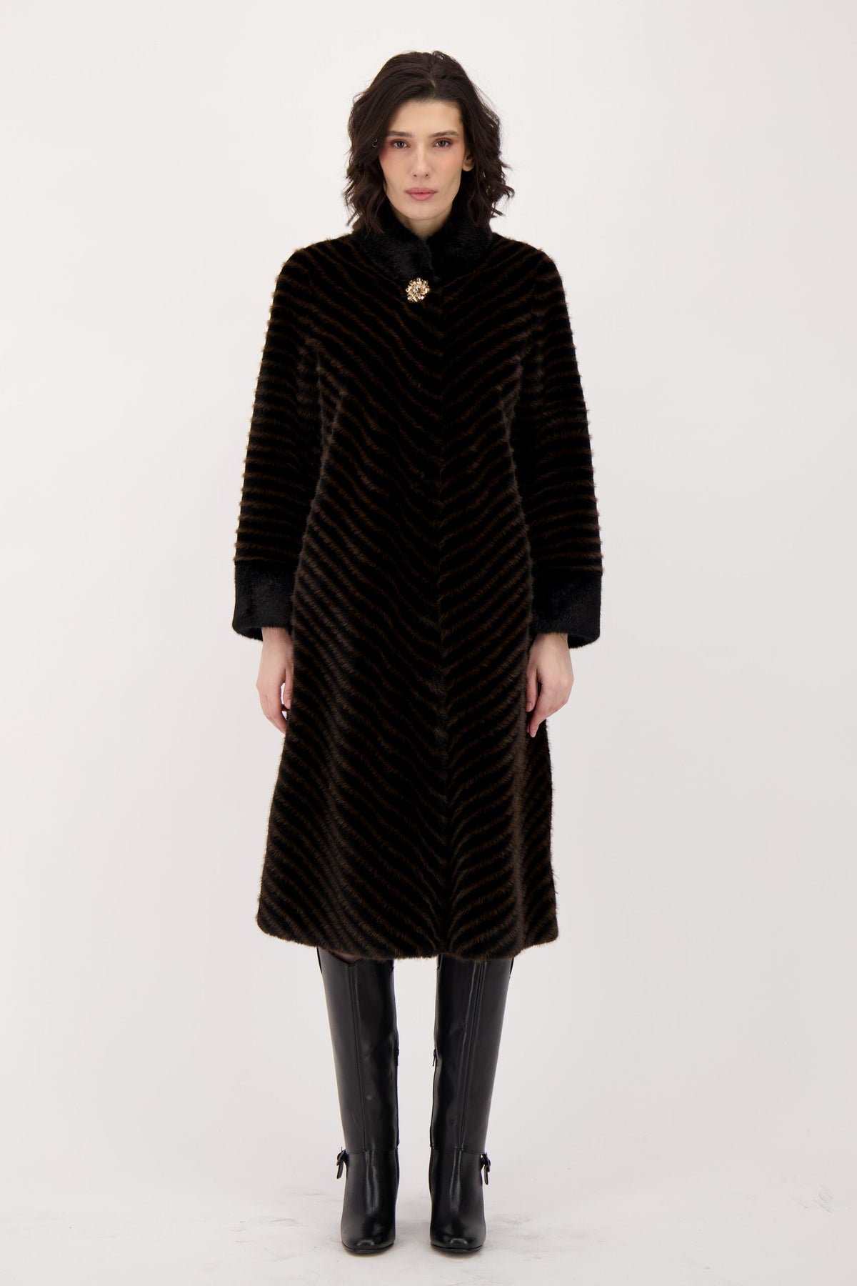 Two Tone Chevron Coat With Detachable Jeweled Button