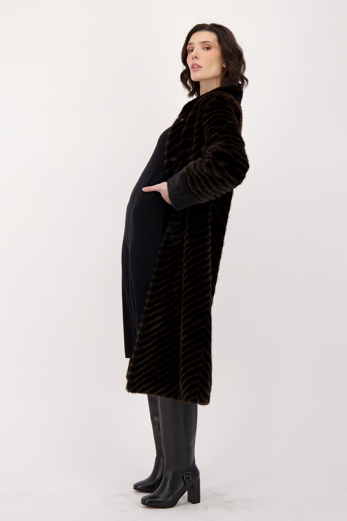 Two Tone Chevron Coat With Detachable Jeweled Button