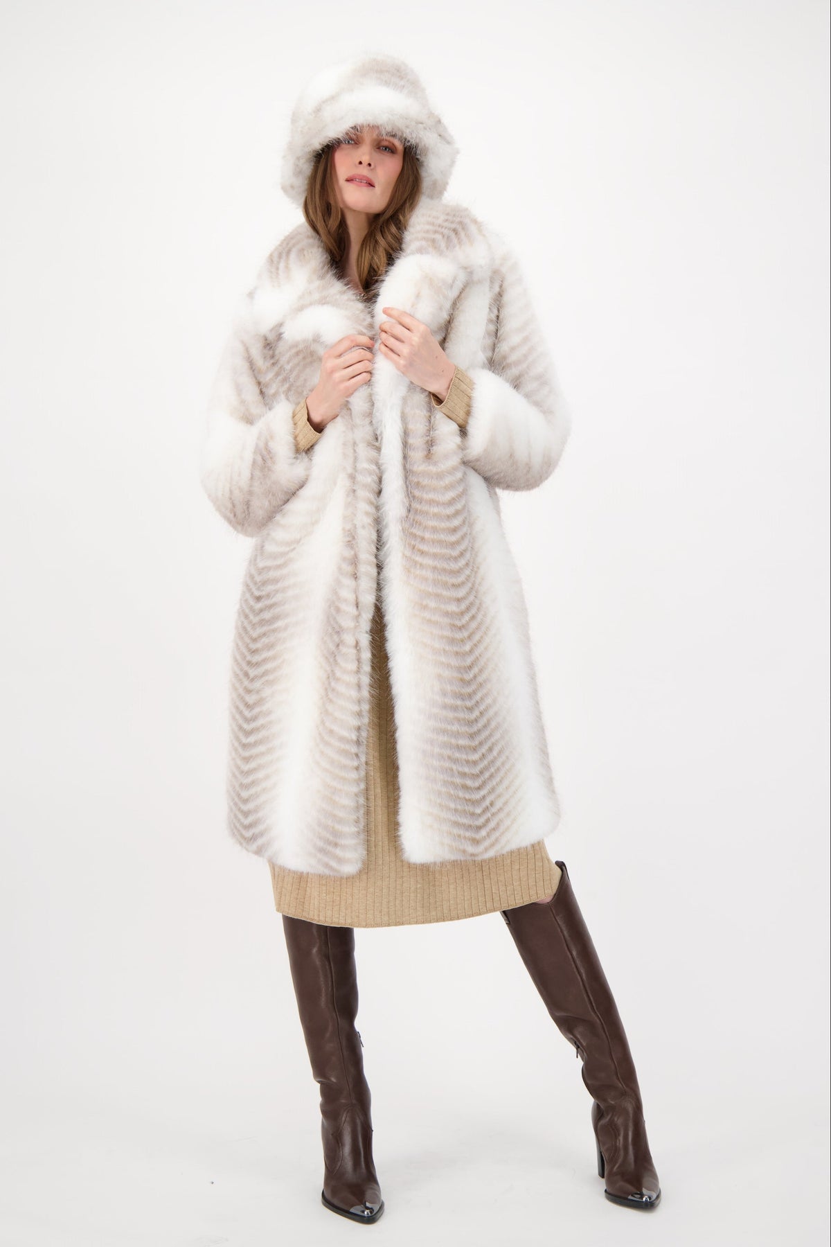 Herringbone Faux Fur Coat
