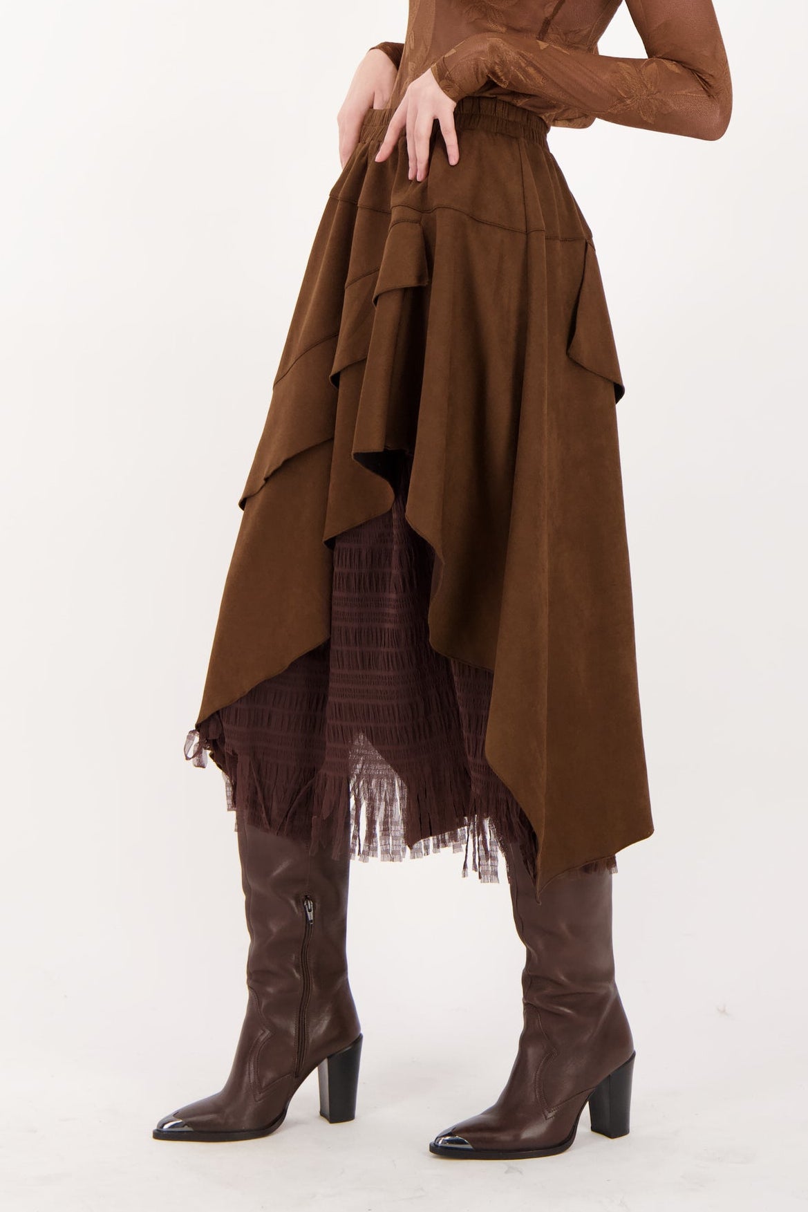 Layered Vegan Sueded Mesh Fringe Skirt