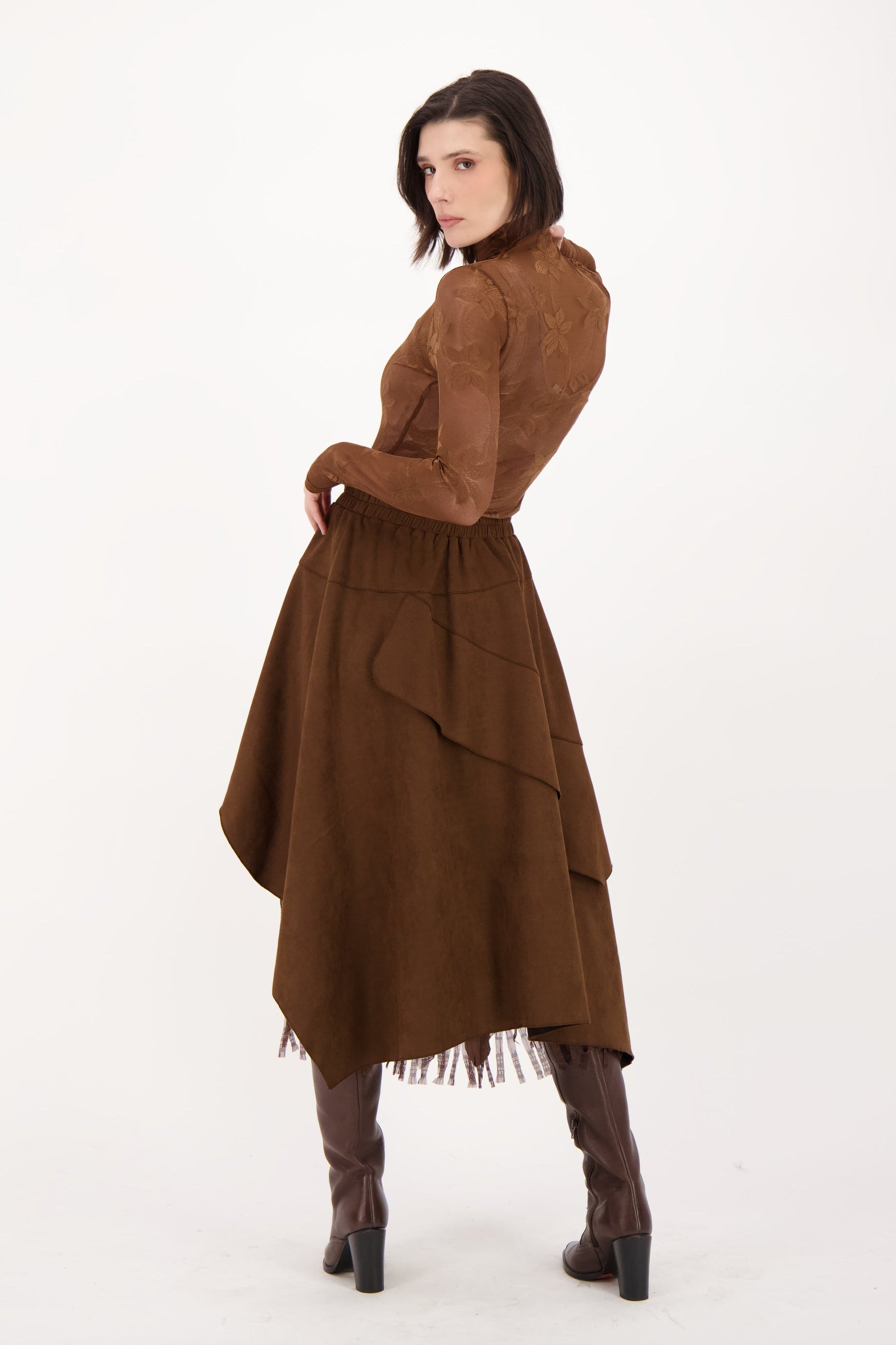 Layered Vegan Sueded Mesh Fringe Skirt