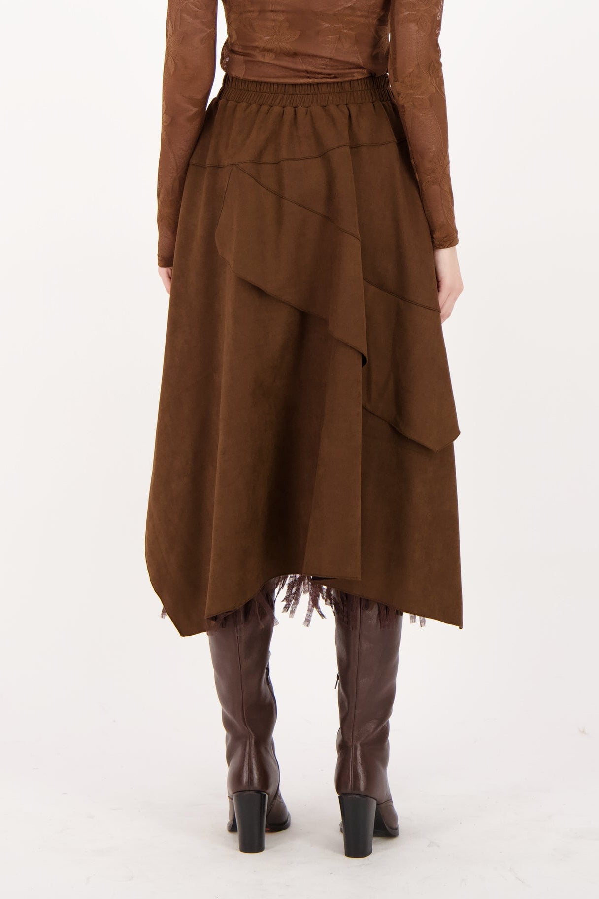 Layered Vegan Sueded Mesh Fringe Skirt