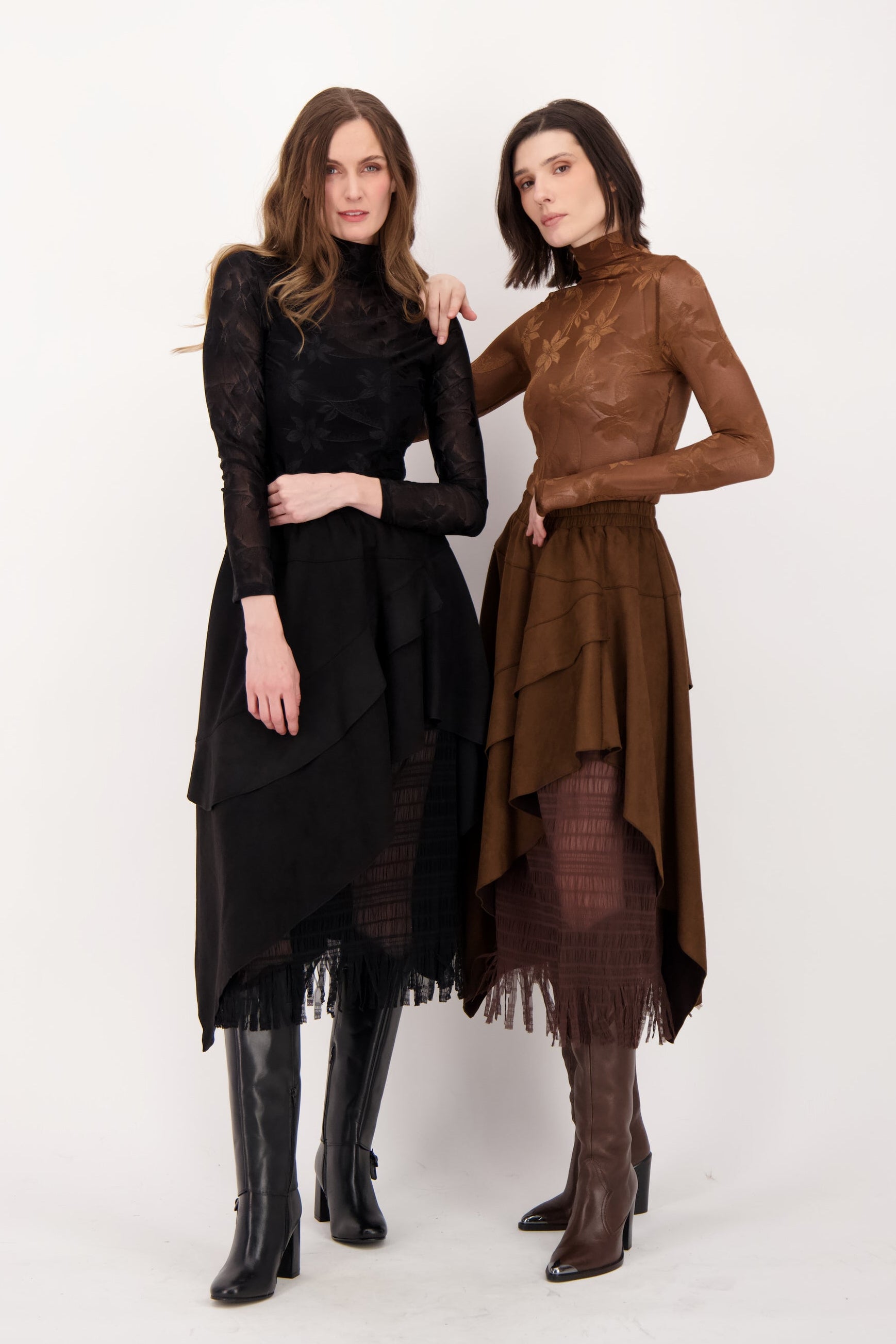 Layered Vegan Sueded Mesh Fringe Skirt