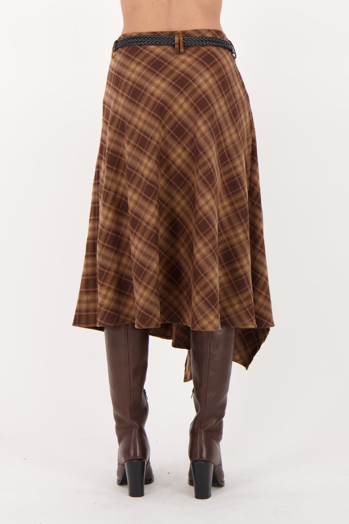 Plaid Asymmetrical Belted Skirt