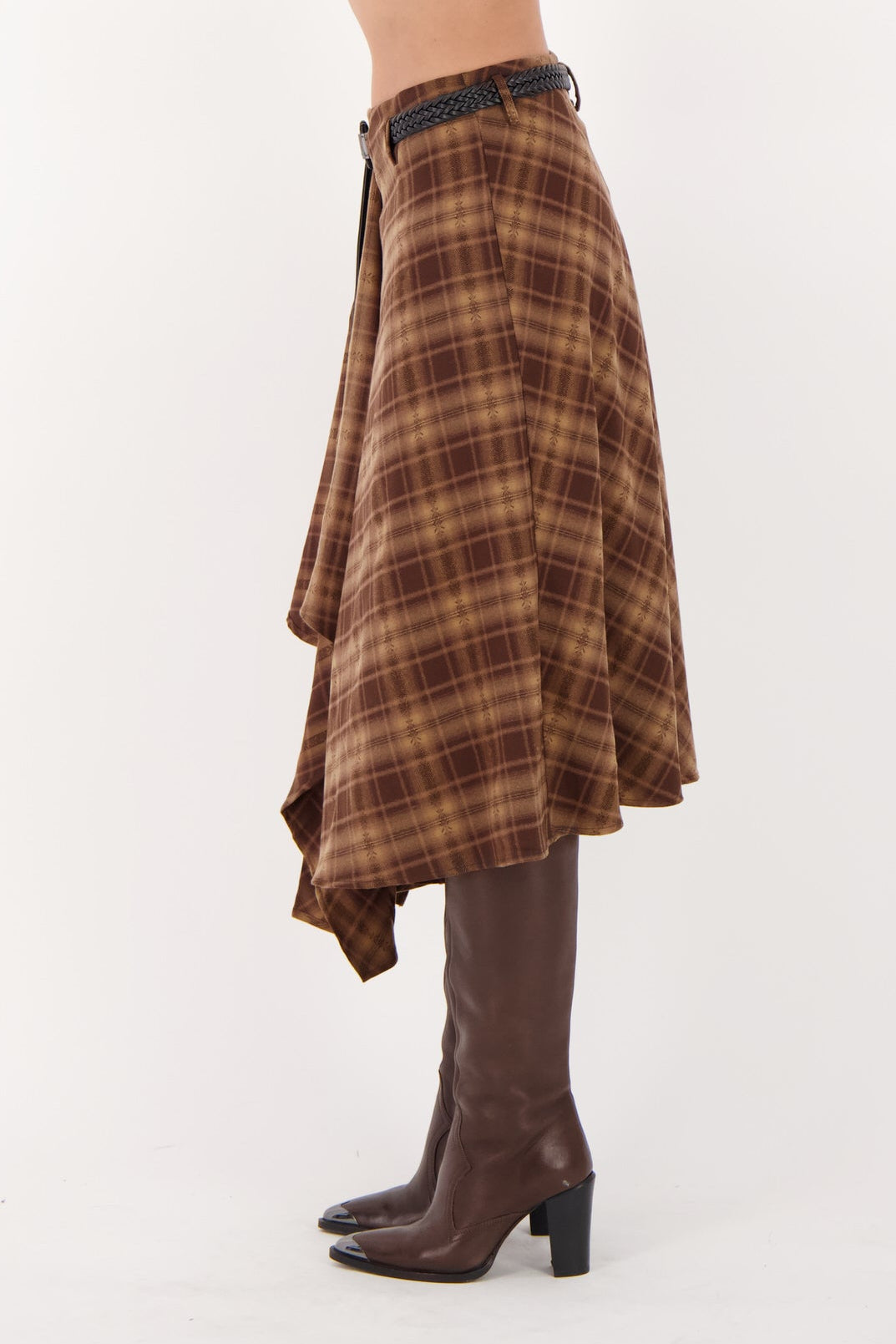 Plaid Asymmetrical Belted Skirt