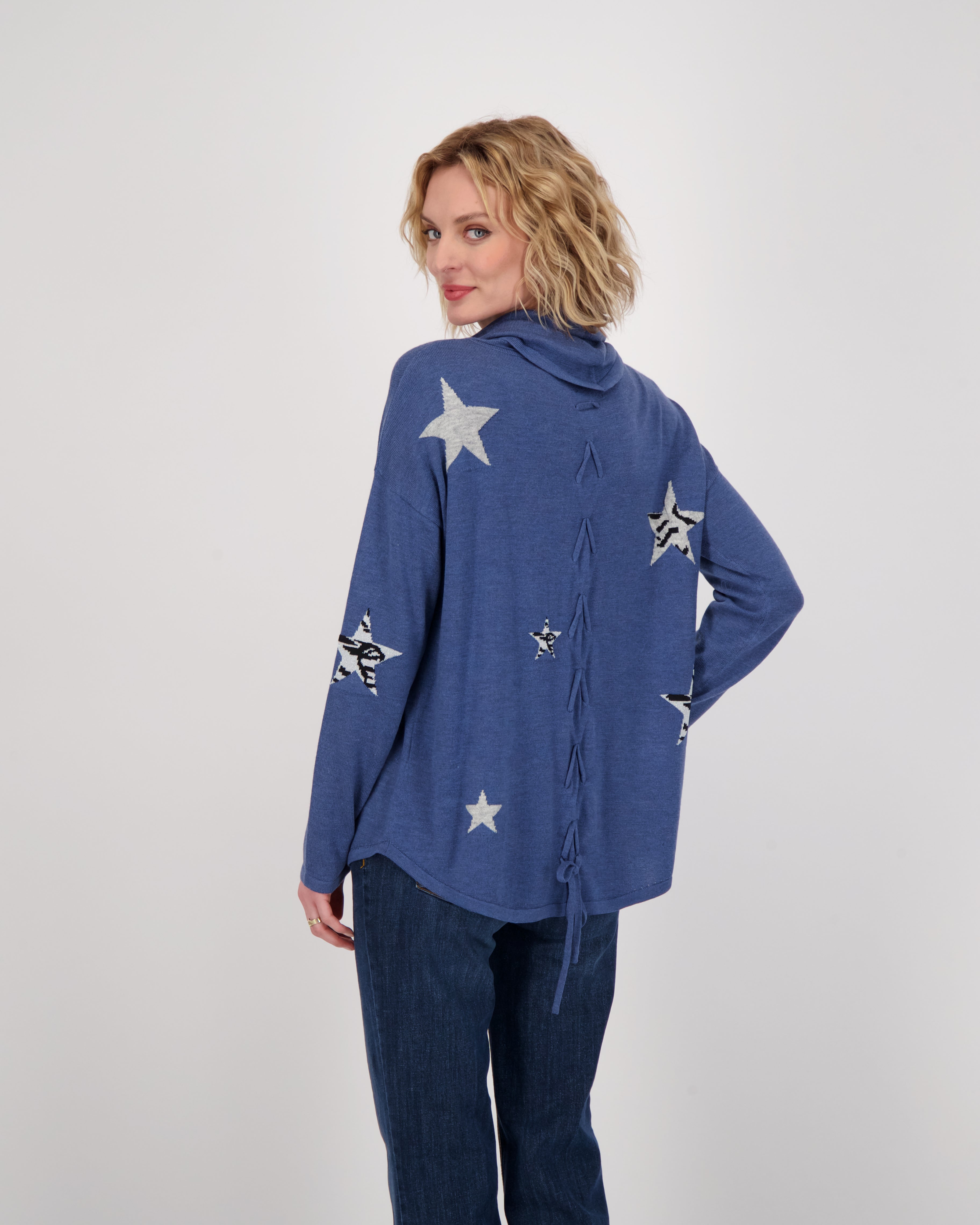 Blue Stars Sweater With Back Tie-Up
