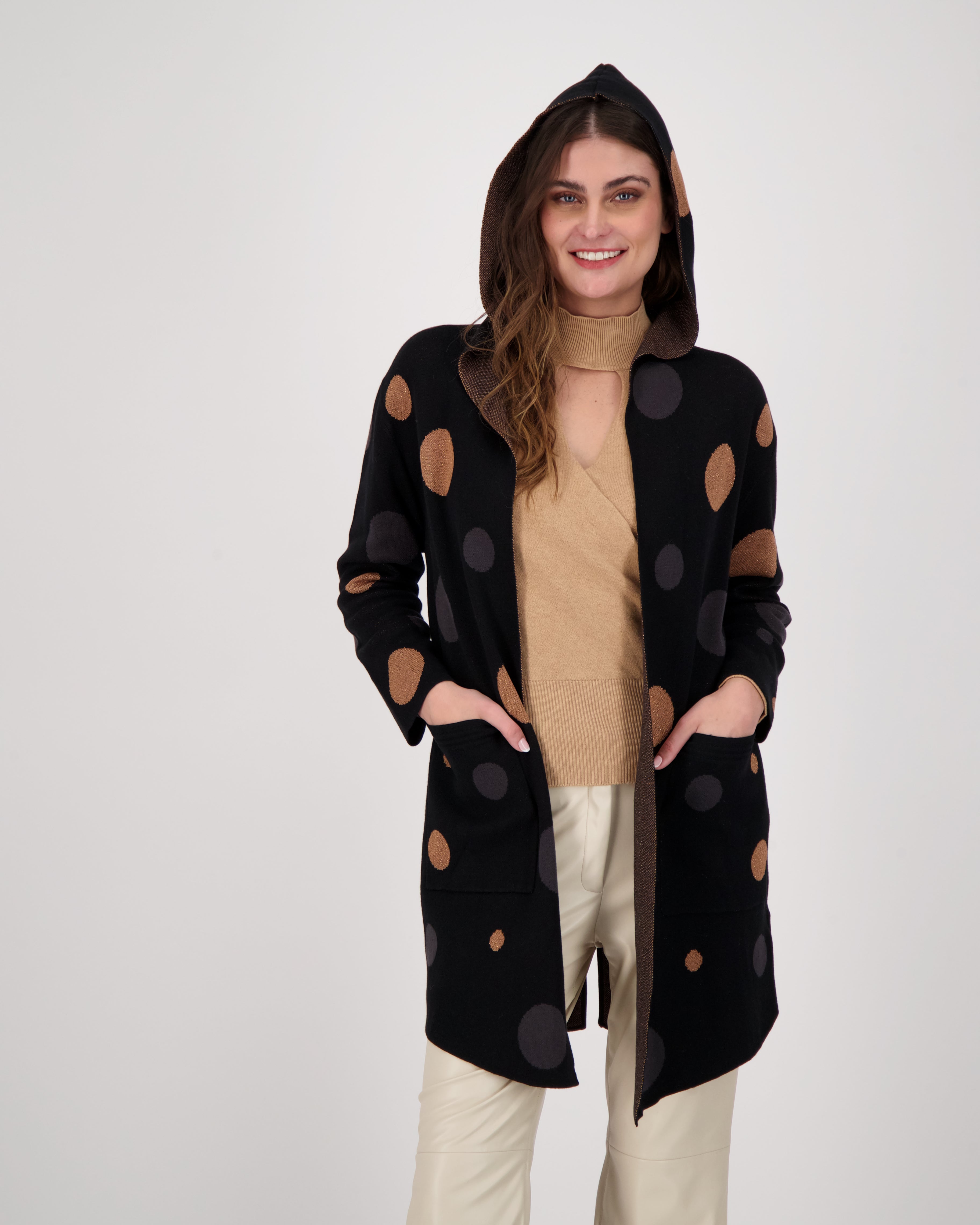 Polka Hooded Open Front Cardigan With Pockets