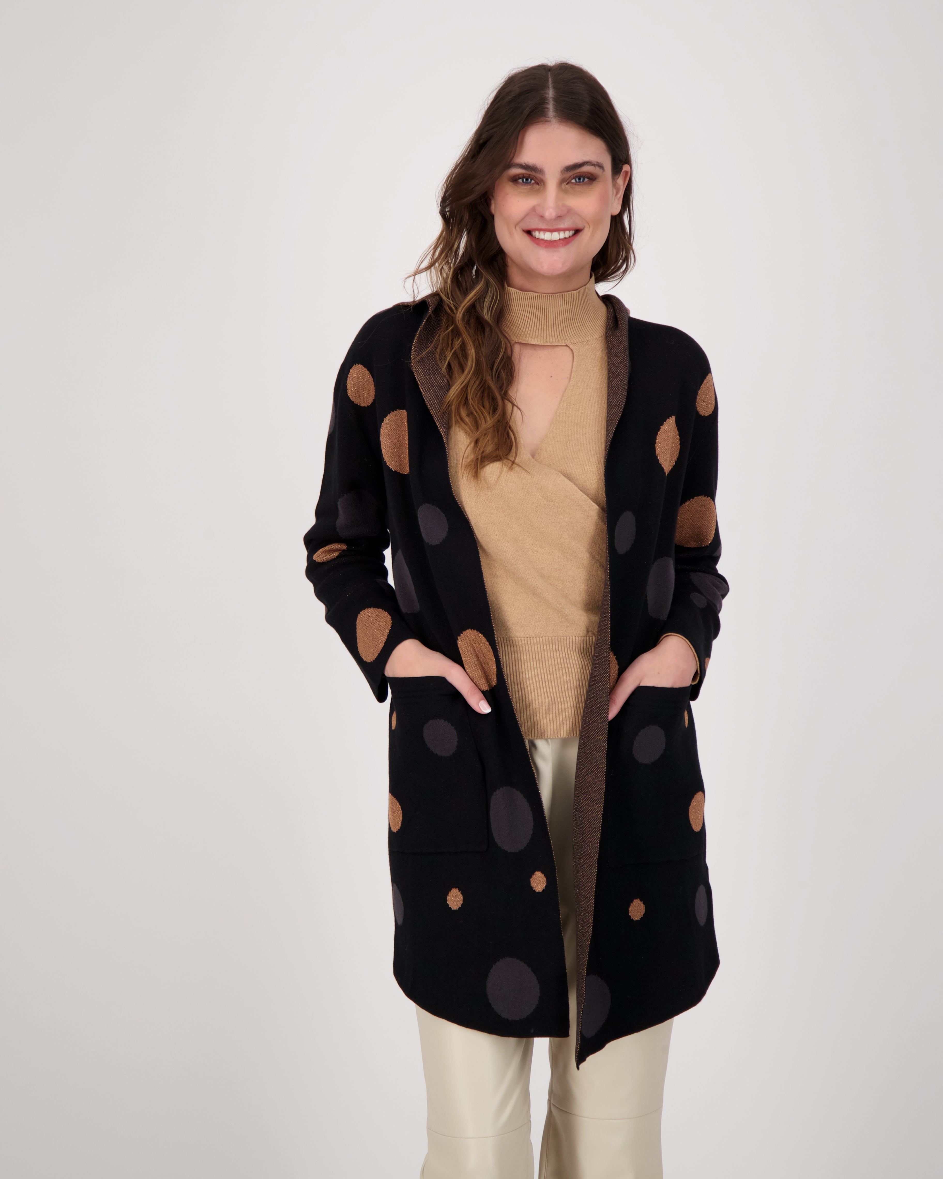 Polka Hooded Open Front Cardigan With Pockets