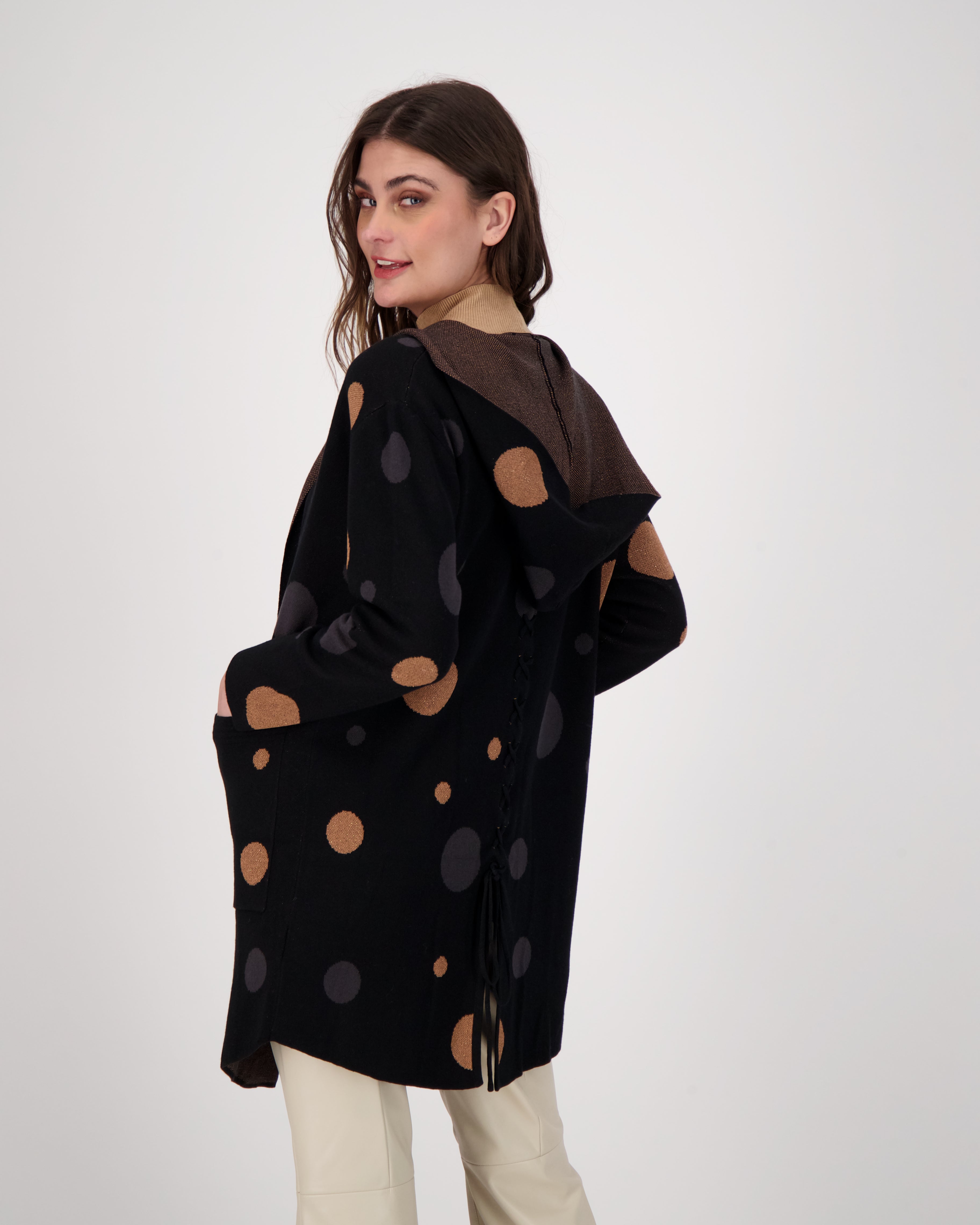 Polka Hooded Open Front Cardigan With Pockets