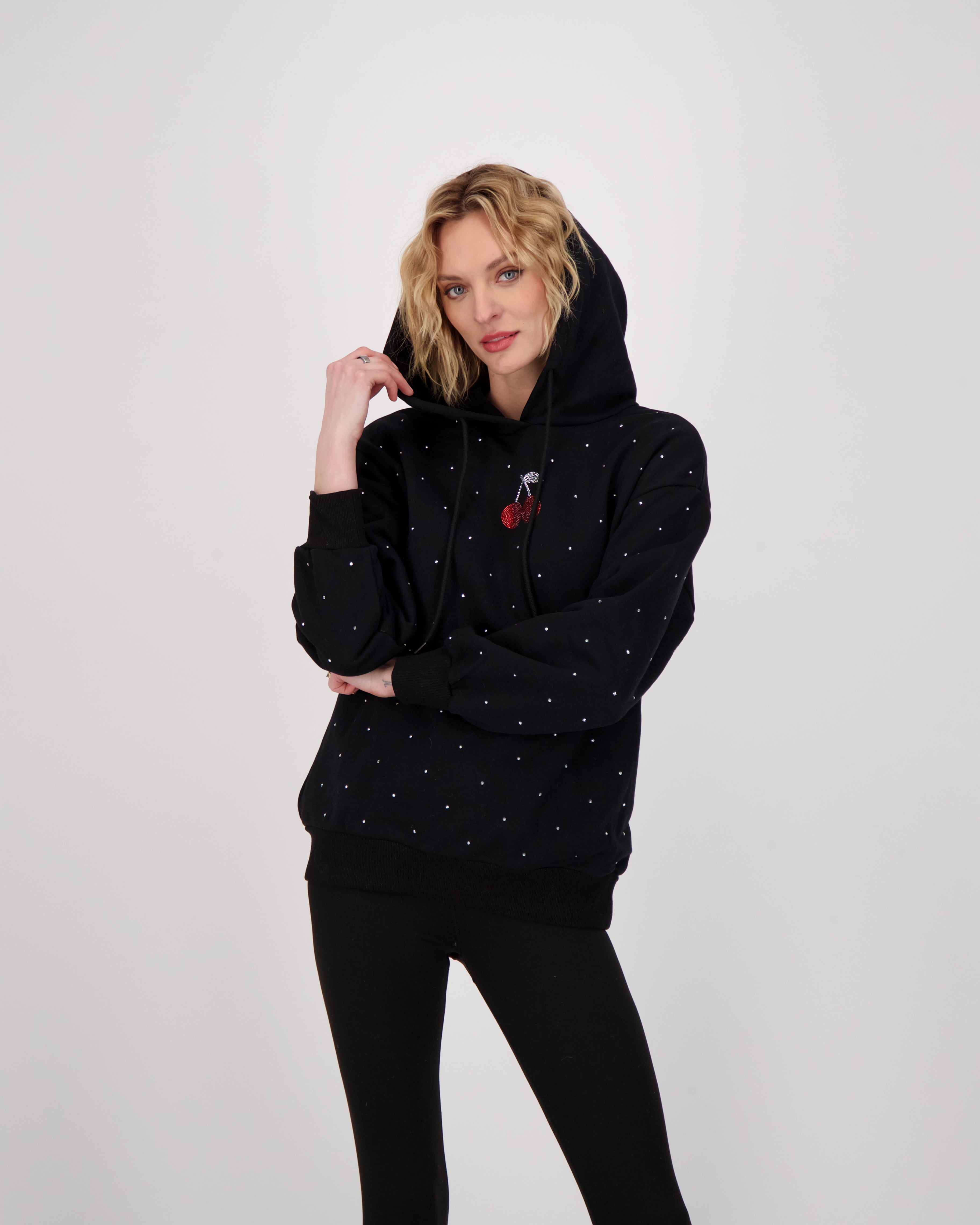 Cherry Diamante Rhinestone Hooded Sweatshirt