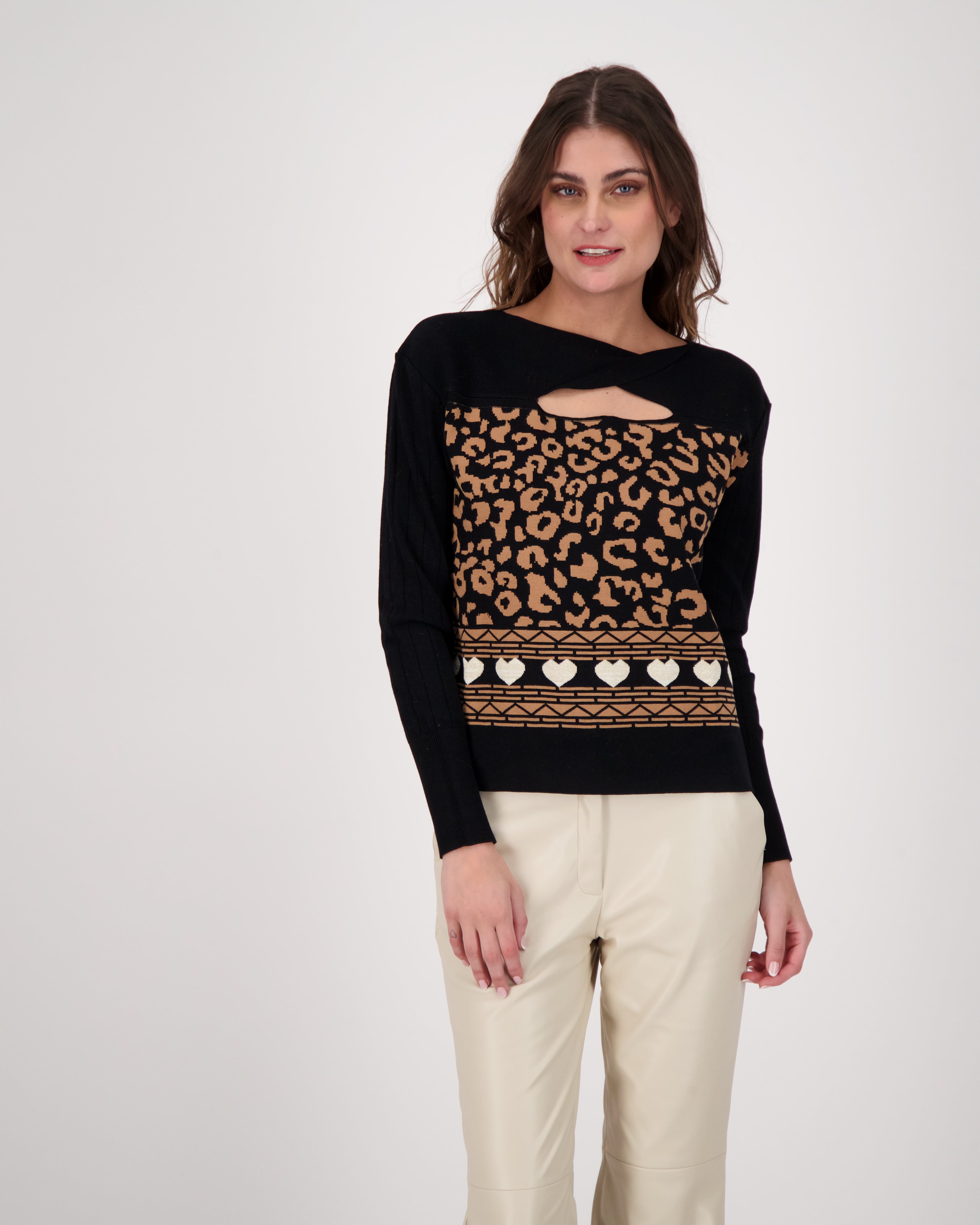 Leopard Intarsia Front Cut Out Sweater