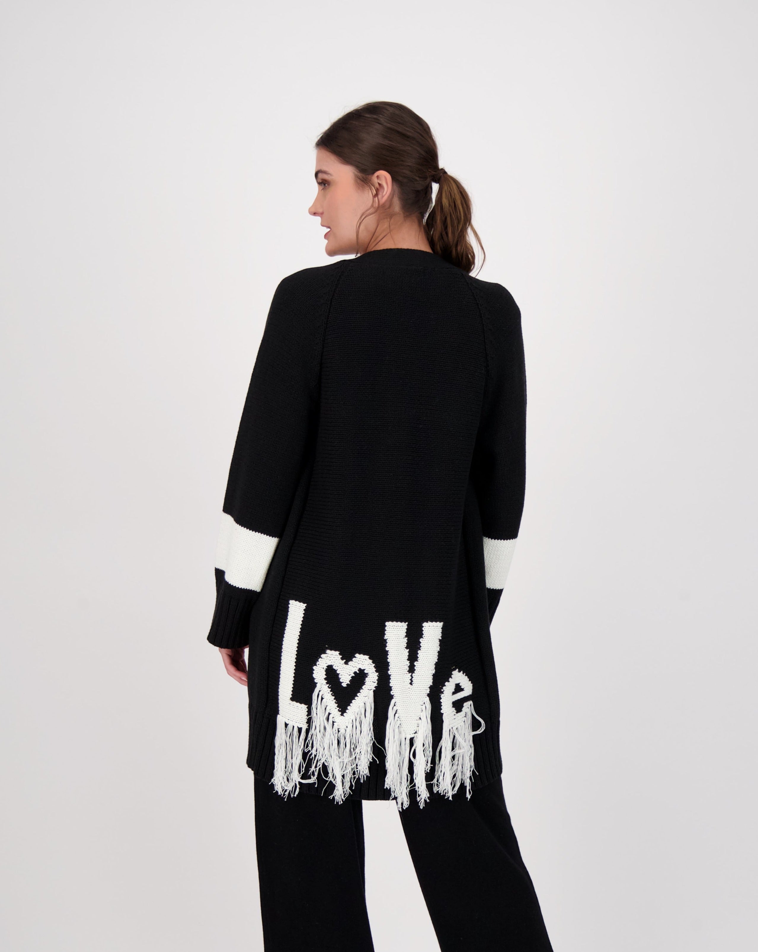 Fringed Back Open Front Long Cardigan