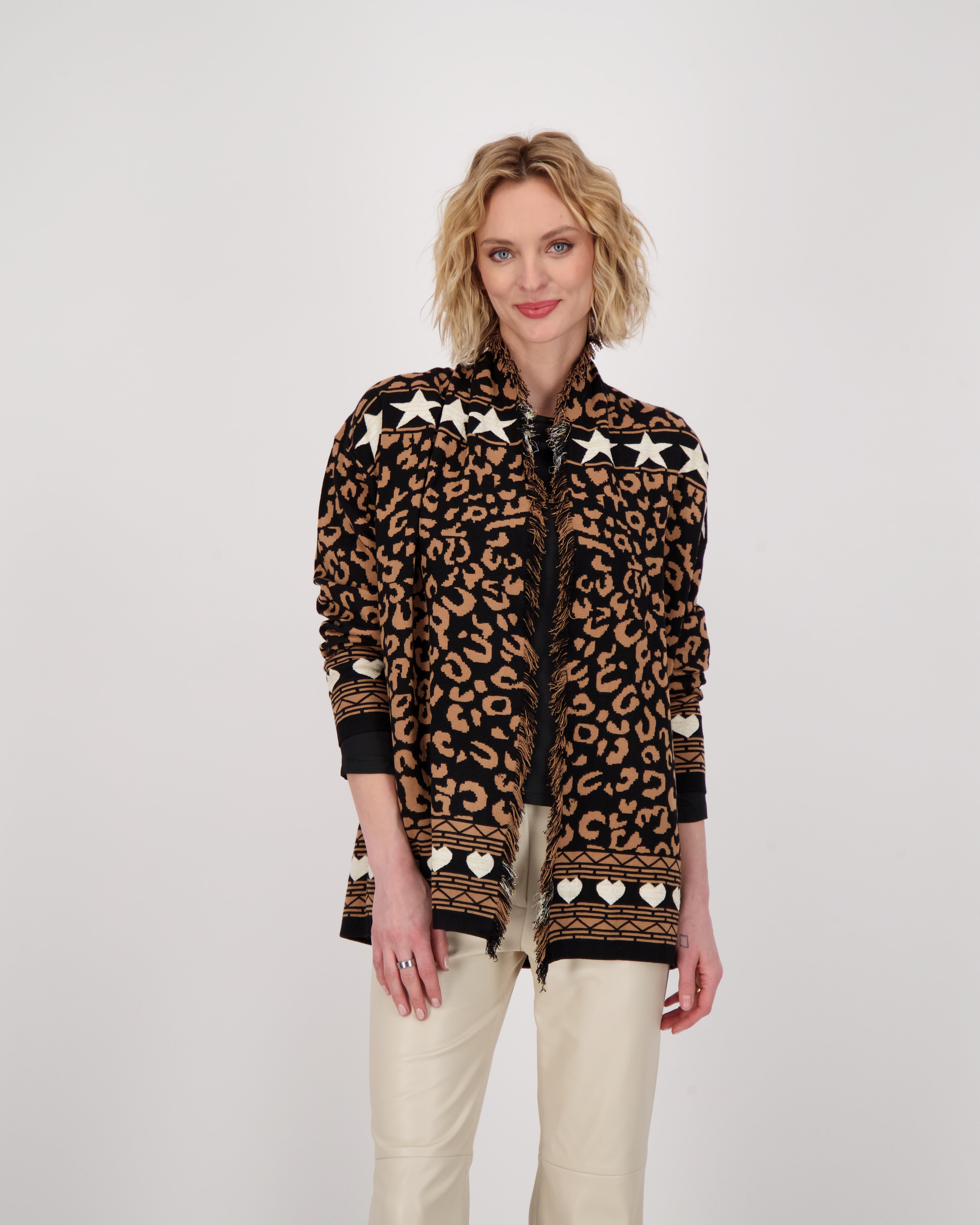 Leopard Star Intarsia Fringed Front Open Cardigan