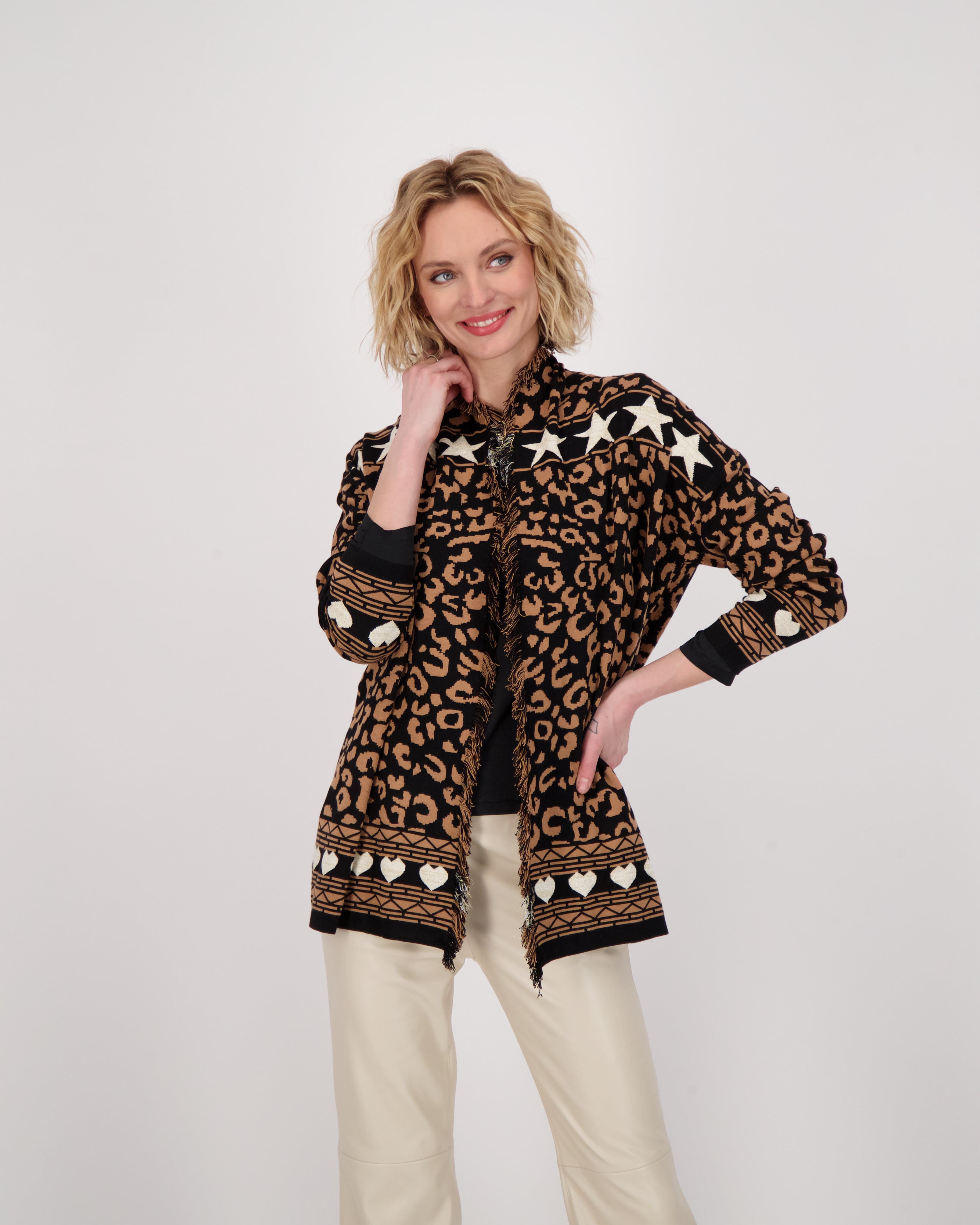 Leopard Star Intarsia Fringed Front Open Cardigan