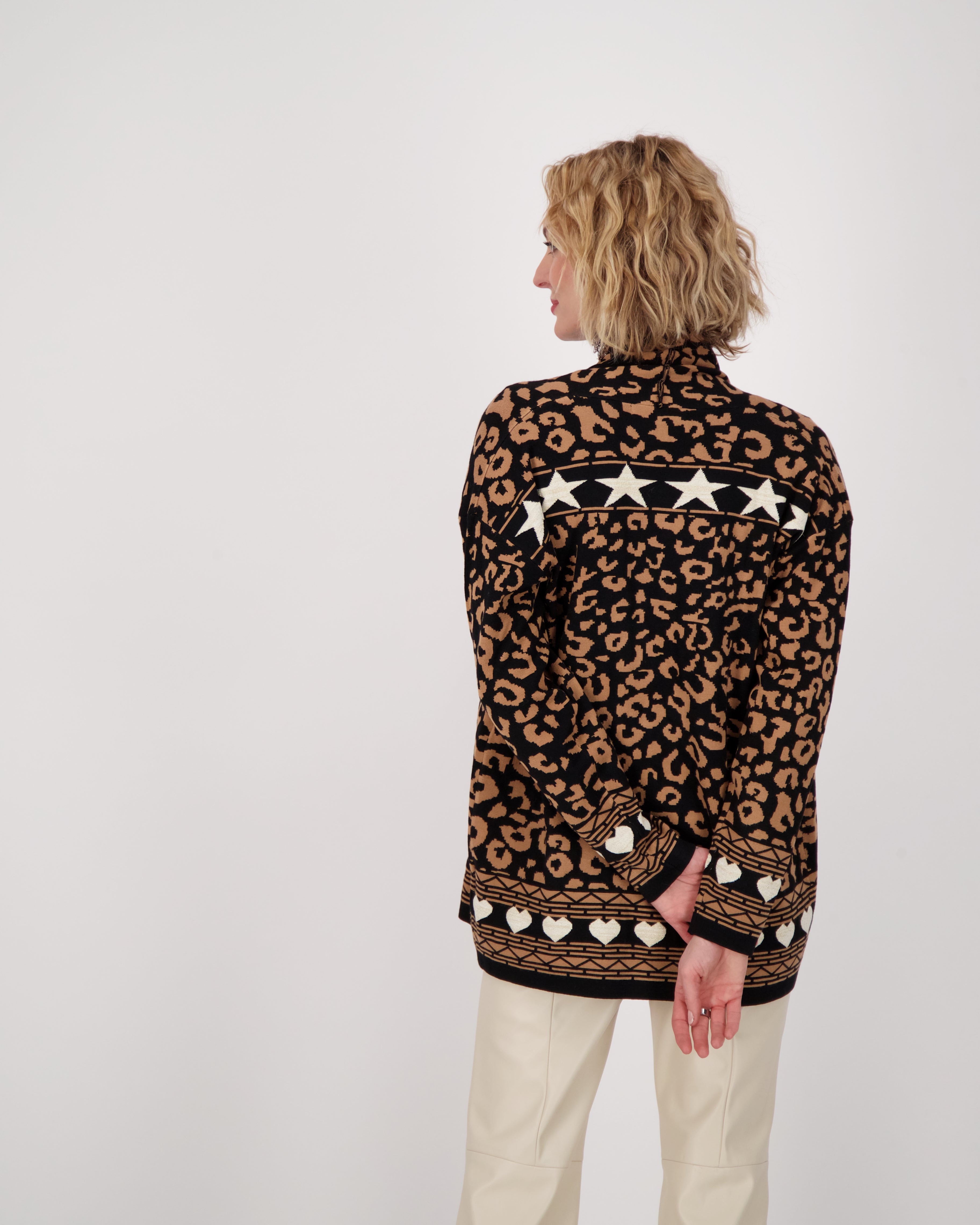 Leopard Star Intarsia Fringed Front Open Cardigan