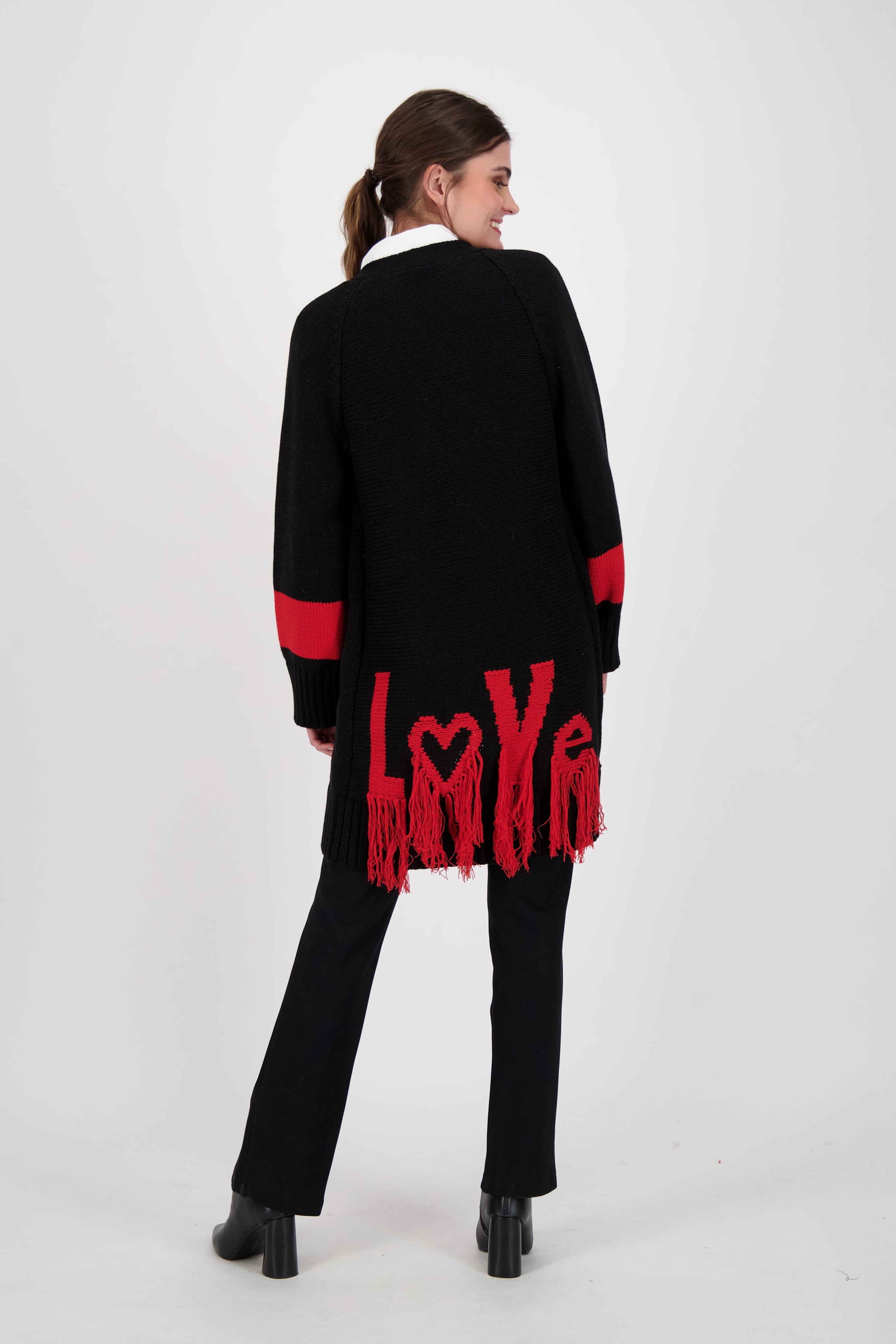 Fringed Back Open Front Long Cardigan