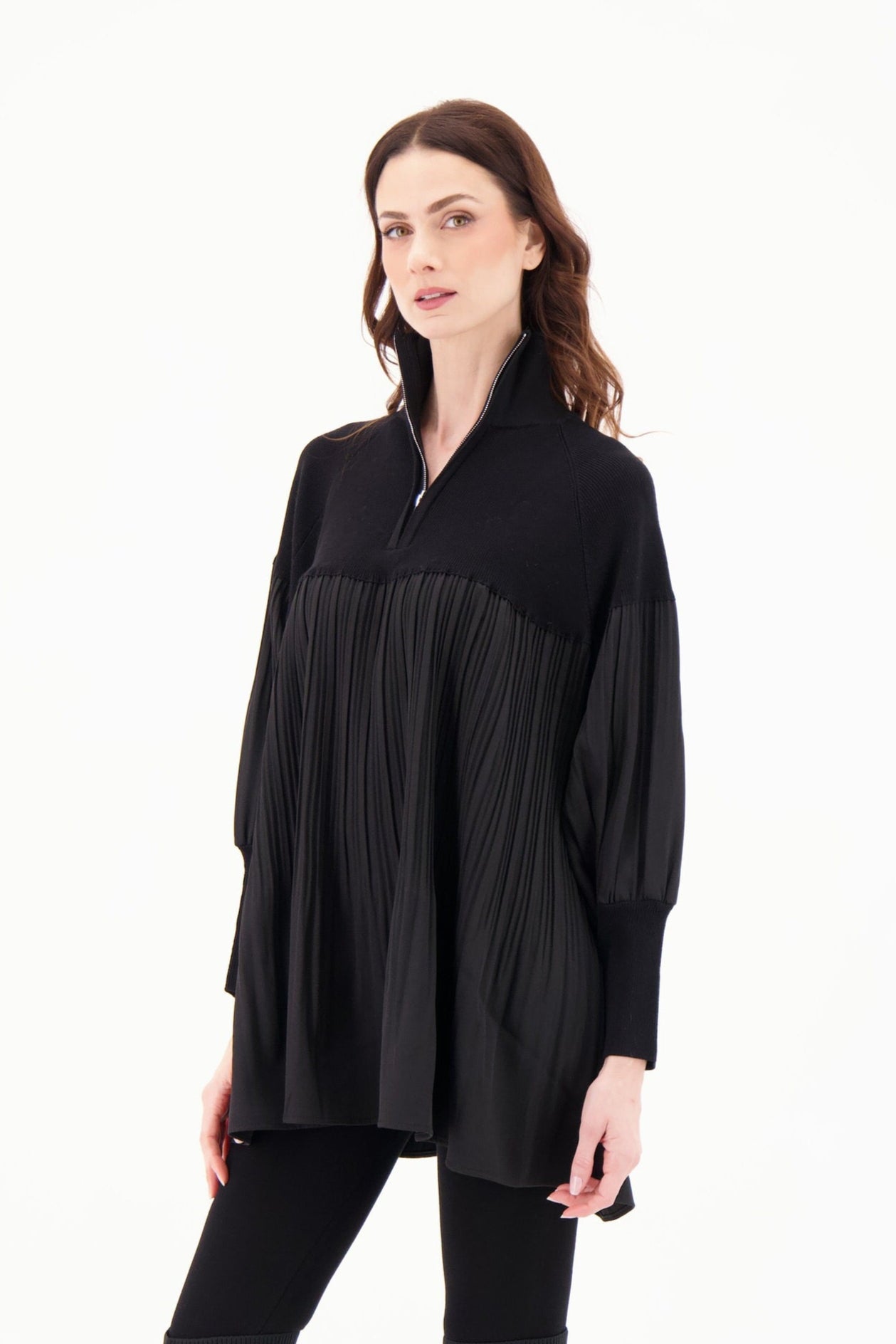 3/4 Zip Mockneck Pleated Tunic