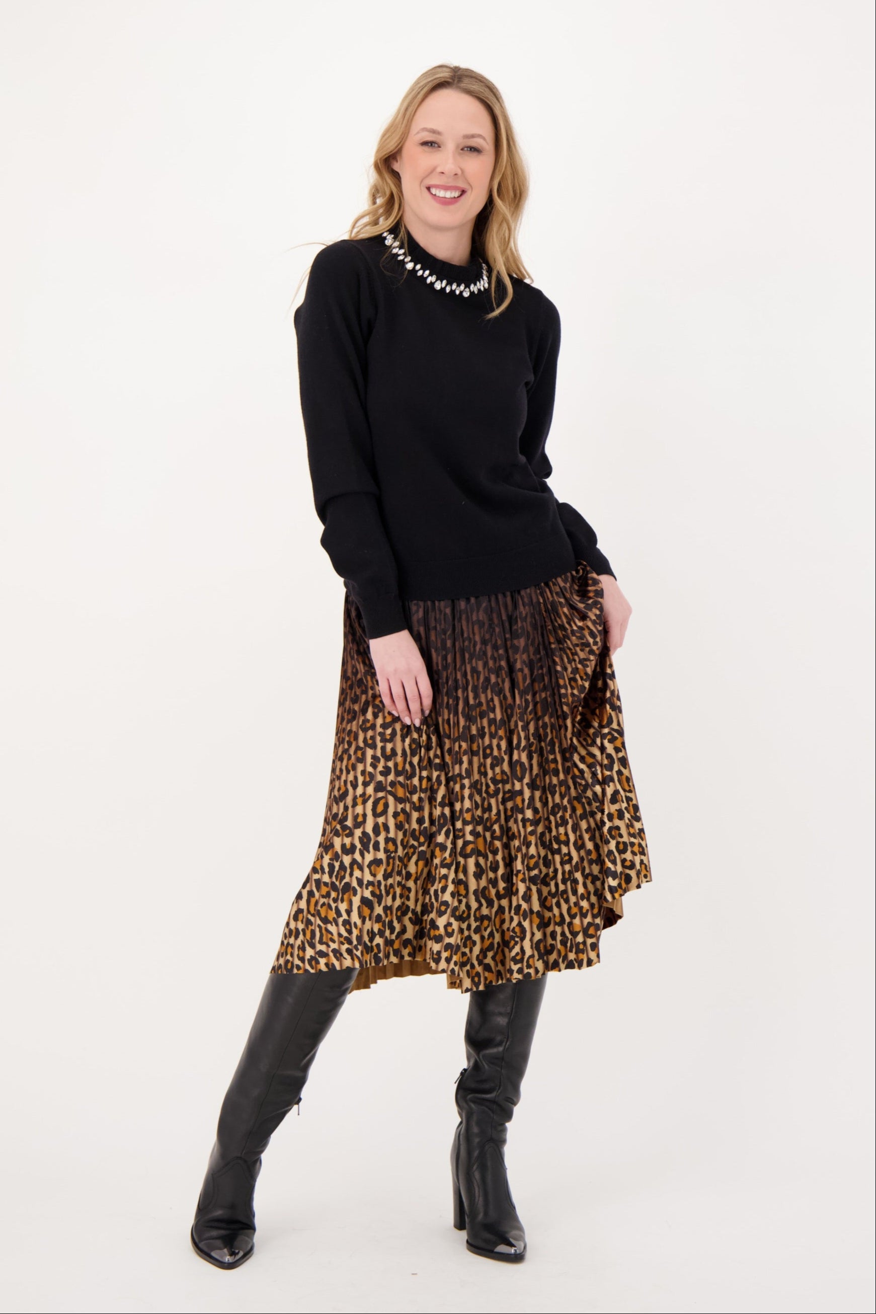 Velour Leopard Print Pleated Skirt