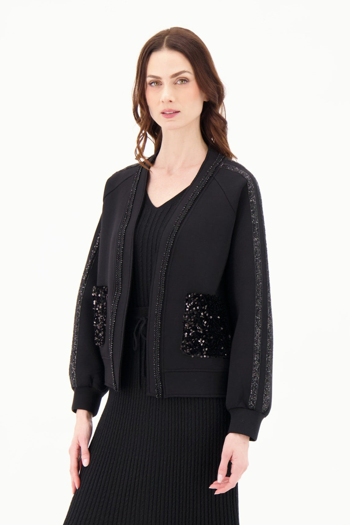 Sequin Patch Pocket And Trim Scuba Jacket