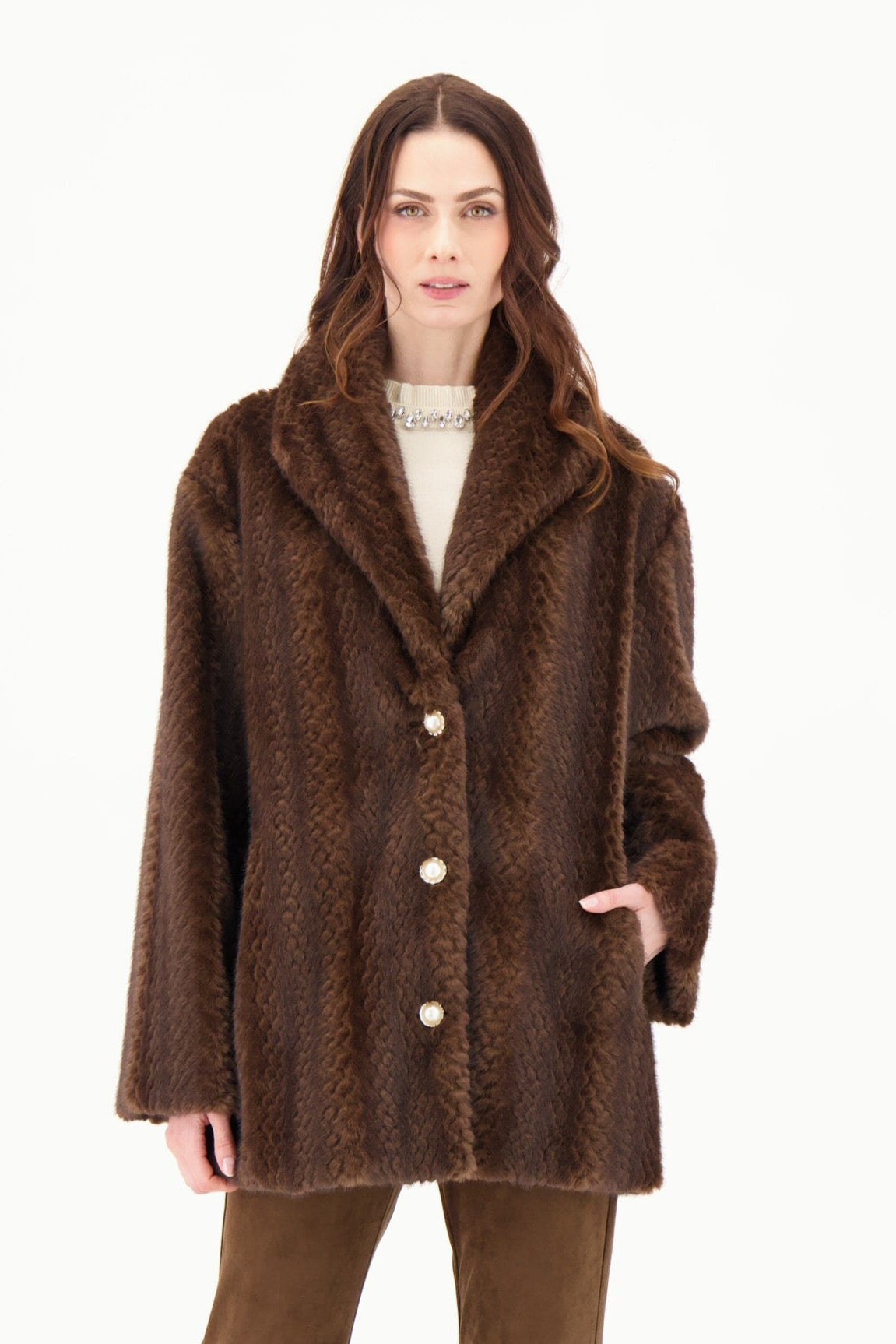 Pearl Button Faux Fur Hip Length