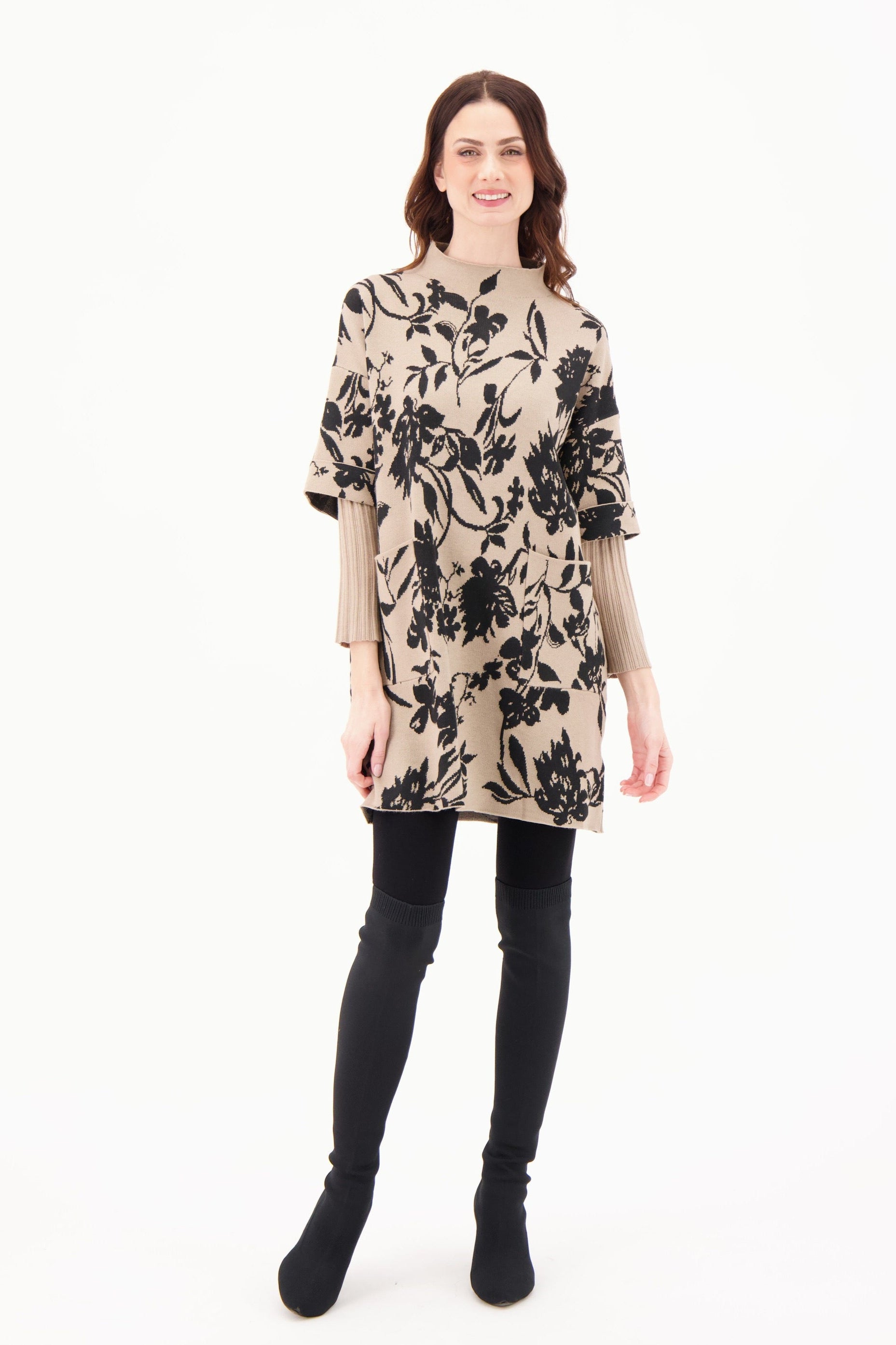 Funnel Neck Floral Intarsia Fooler Sleeve Tunic Dress