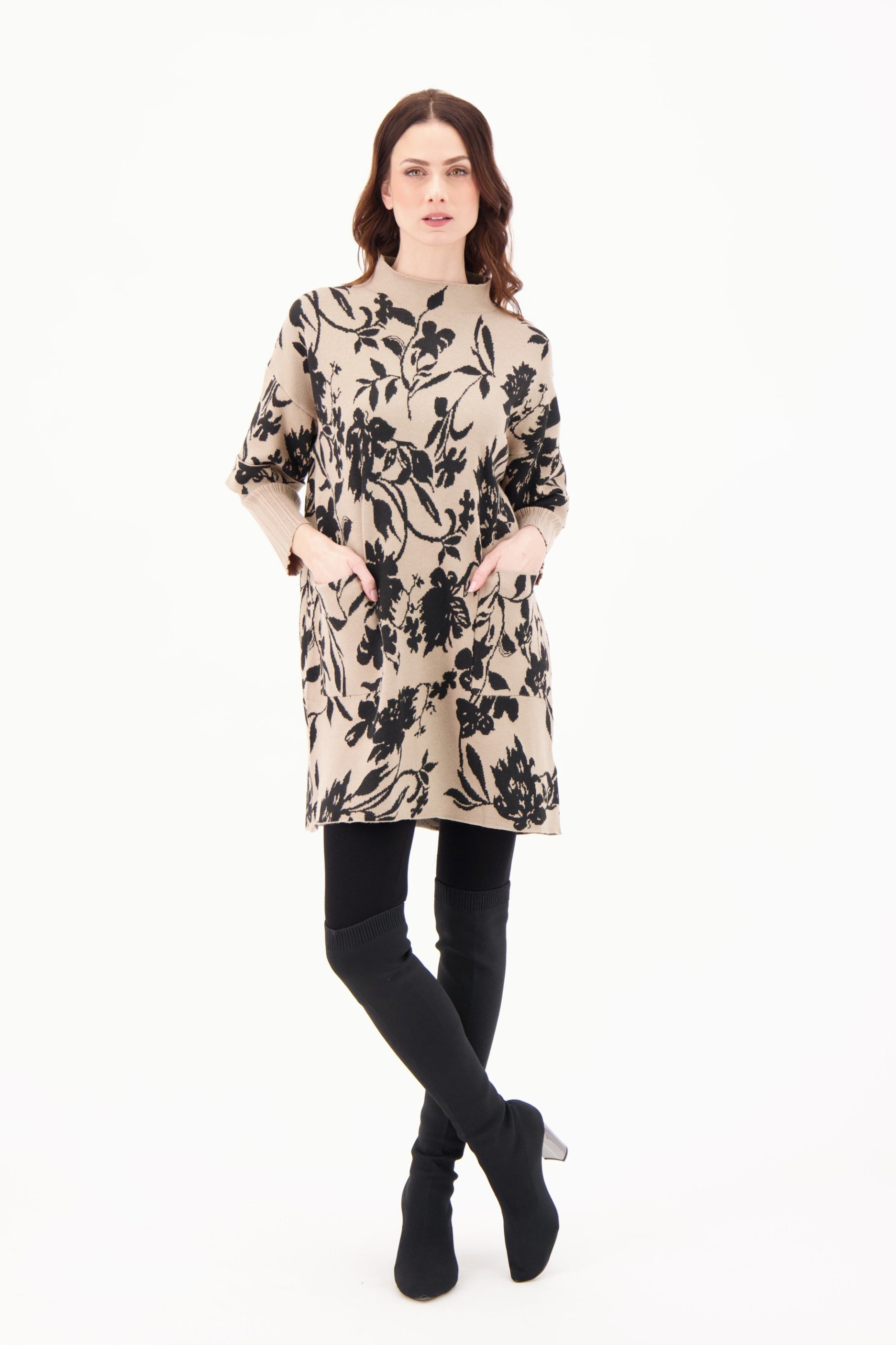 Funnel Neck Floral Intarsia Fooler Sleeve Tunic Dress