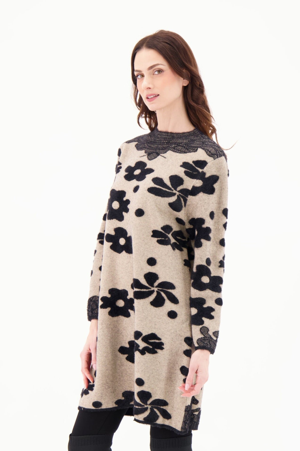 Flocked Floral Sweater Tunic Dress