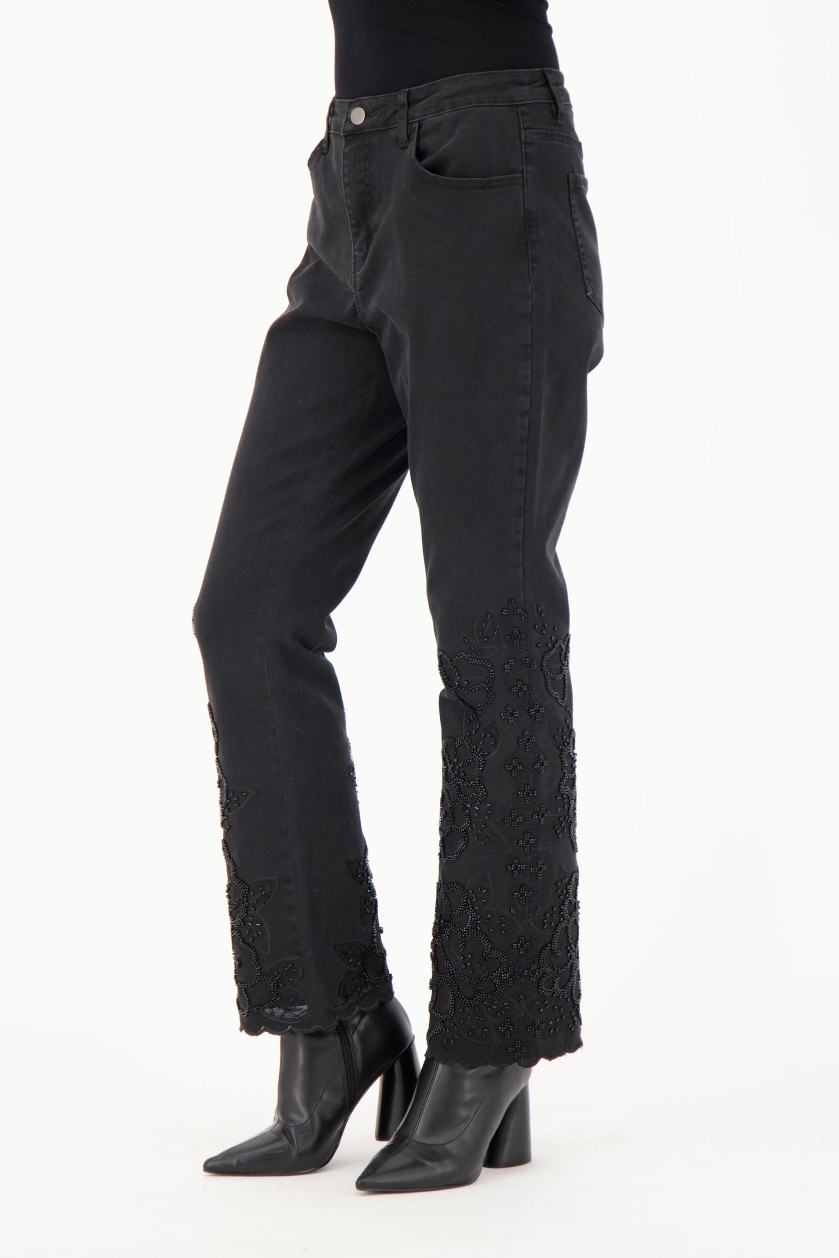 Floral Embroidered Beaded Denim