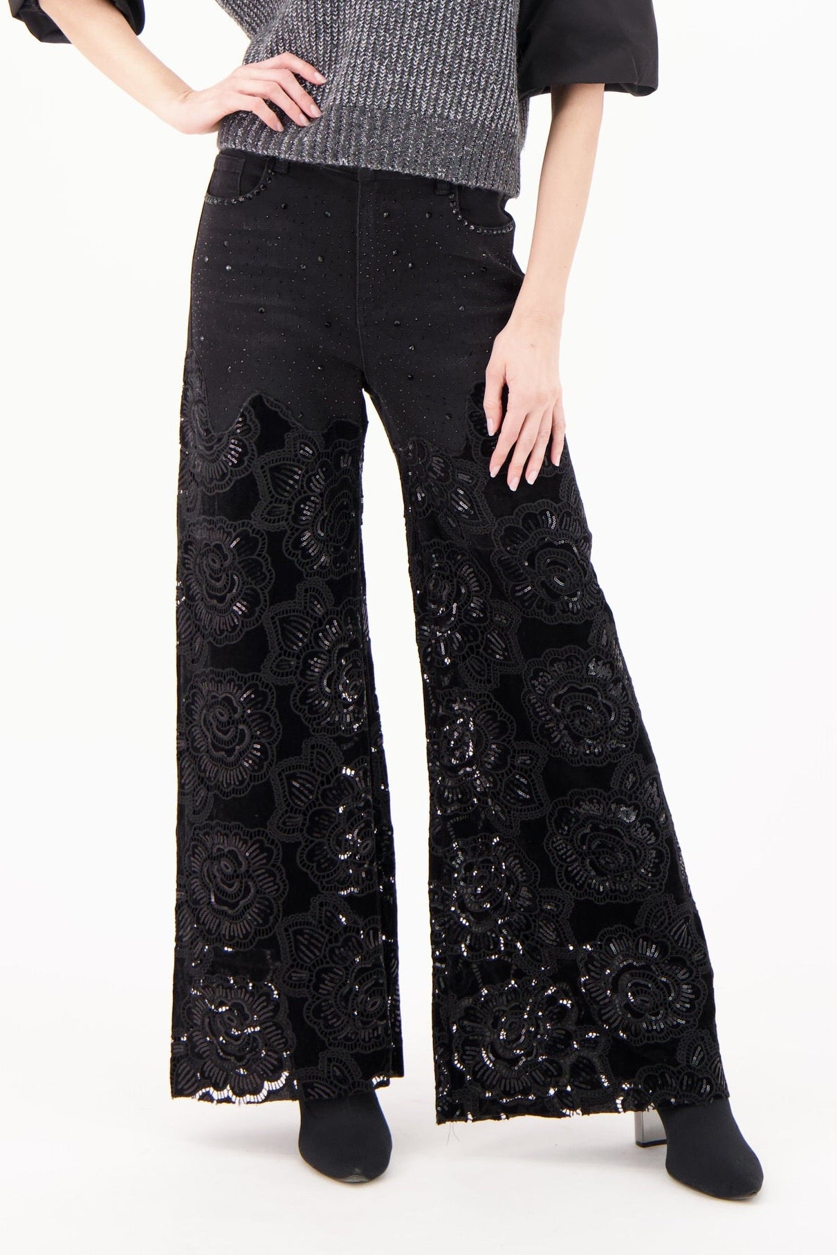 Floral Cut Out Velour Denim Pant
