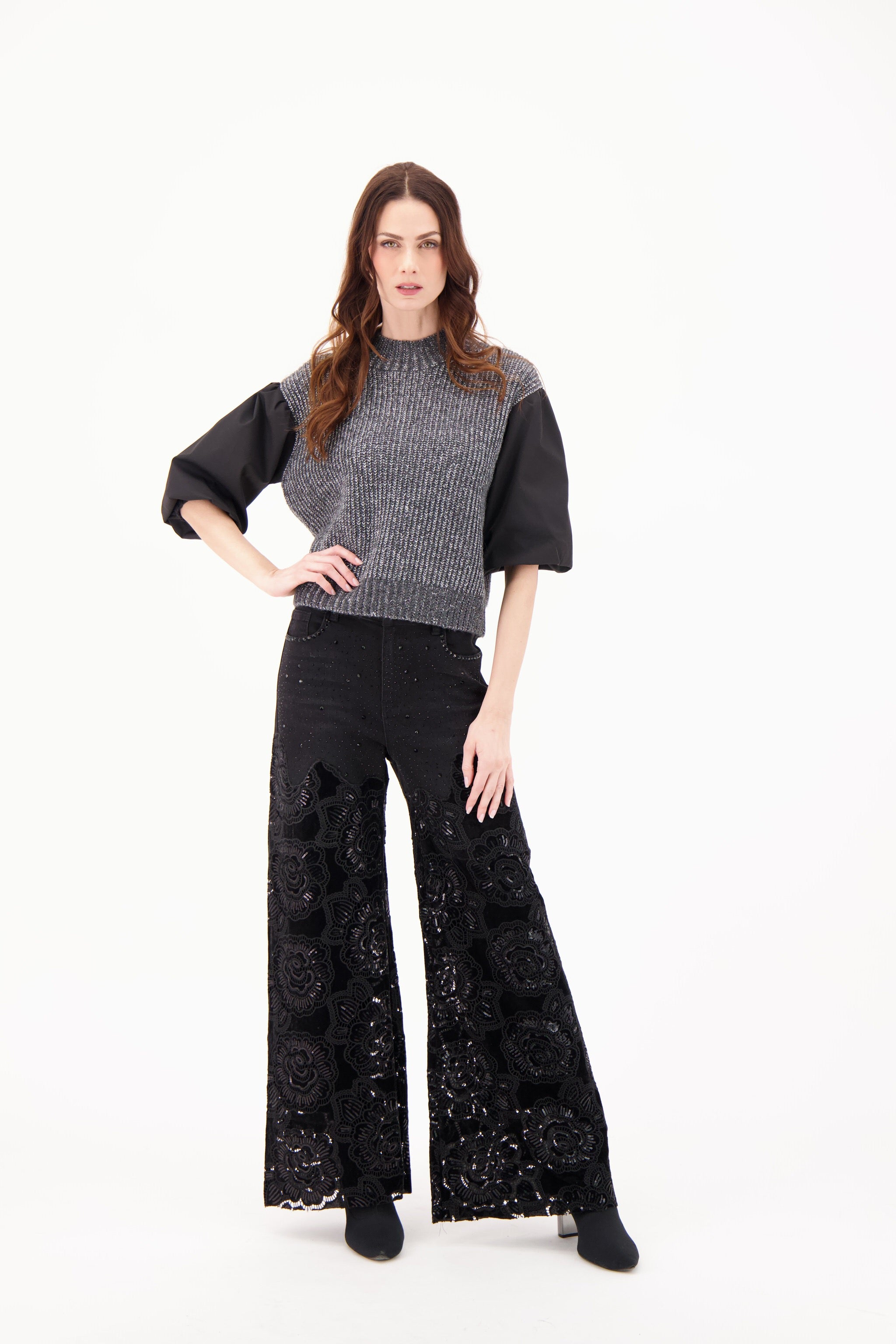 Floral Cut Out Velour Denim Pant