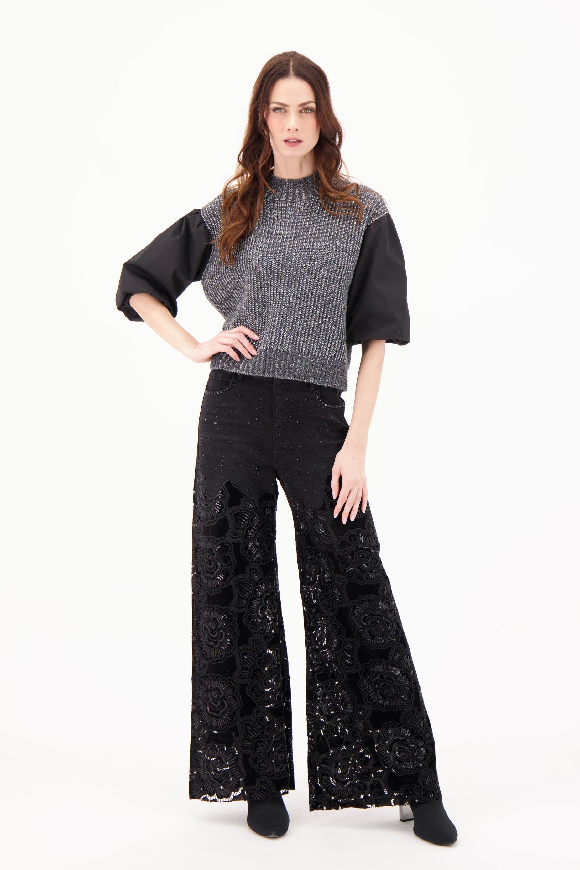 Mockneck Lurex Sweater With Woven Puff Sleeves