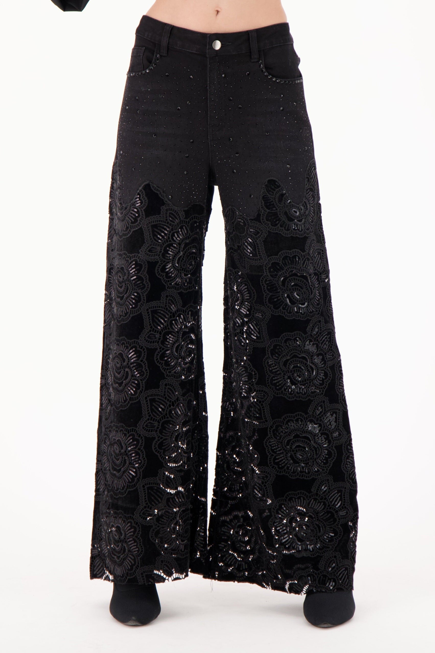 Floral Cut Out Velour Denim Pant