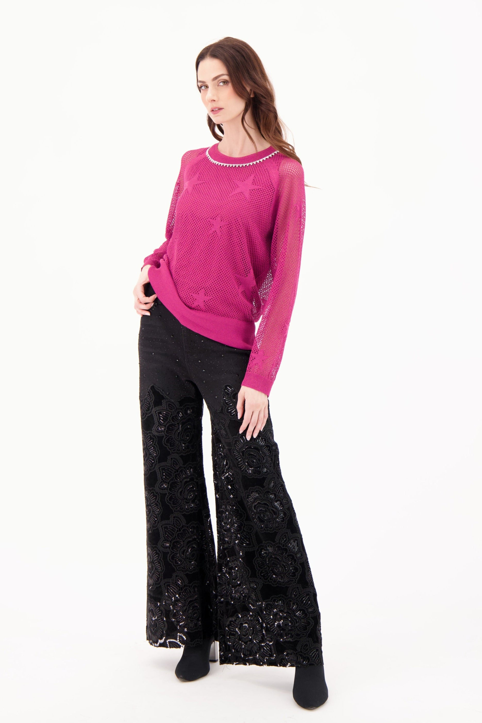 Floral Cut Out Velour Denim Pant