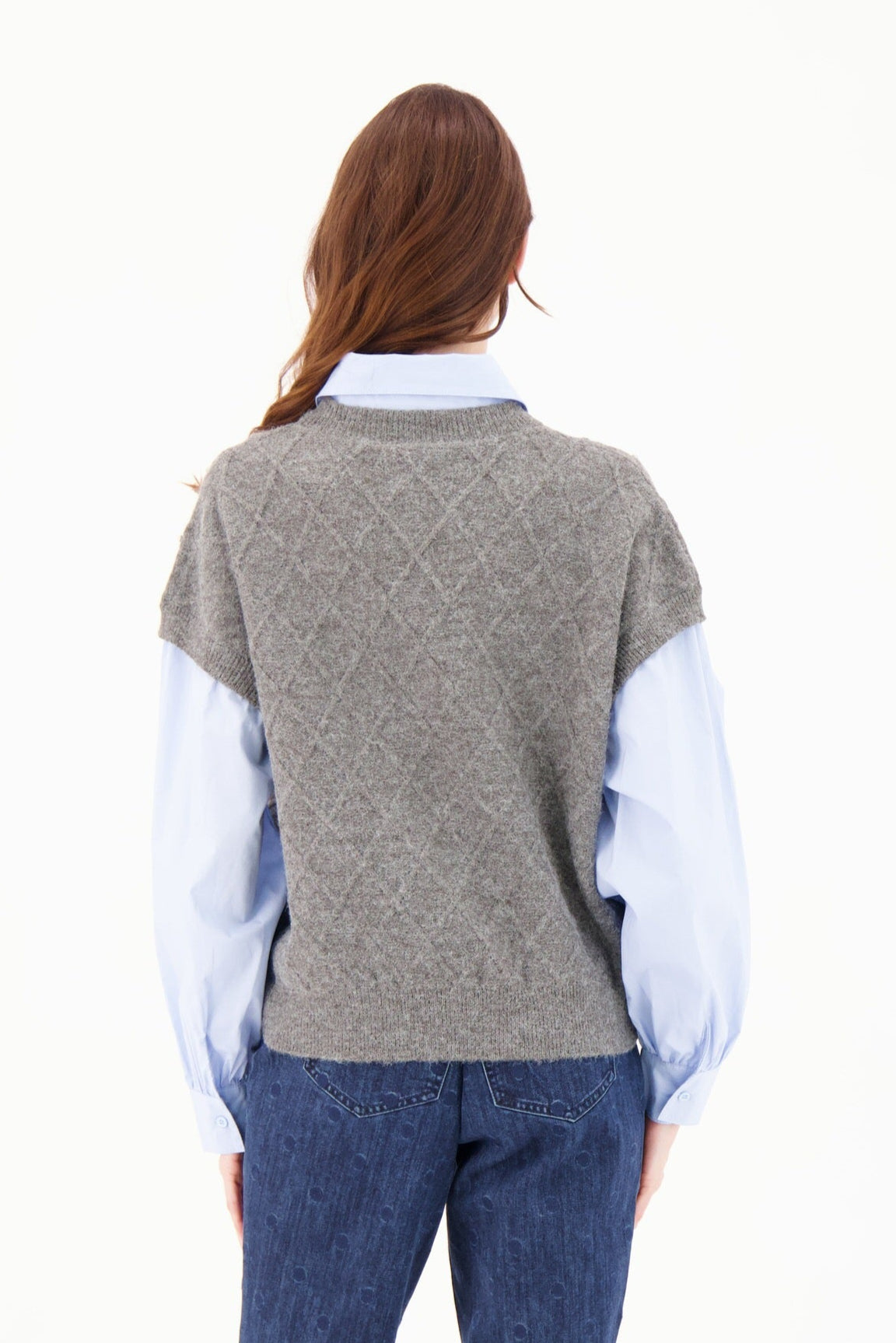Fooler Sweater Vest With Woven Shirt Sleeves And Collar