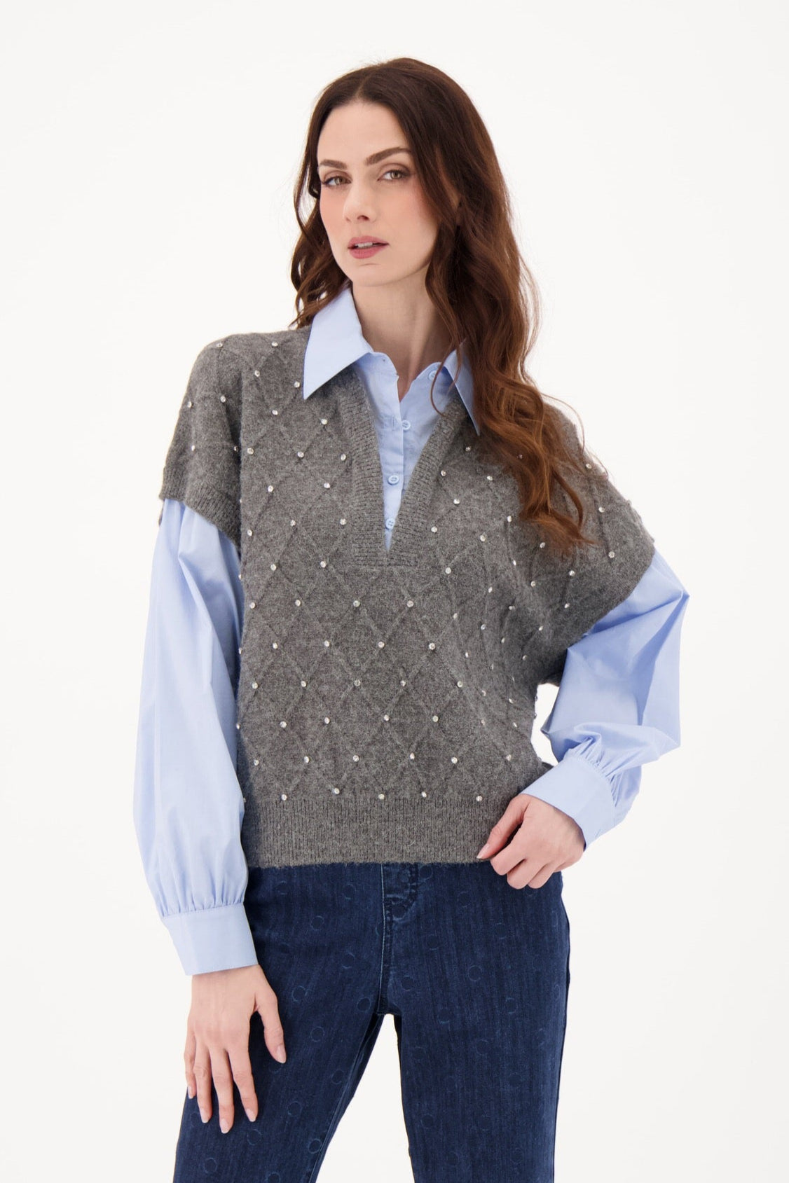 Fooler Sweater Vest With Woven Shirt Sleeves And Collar