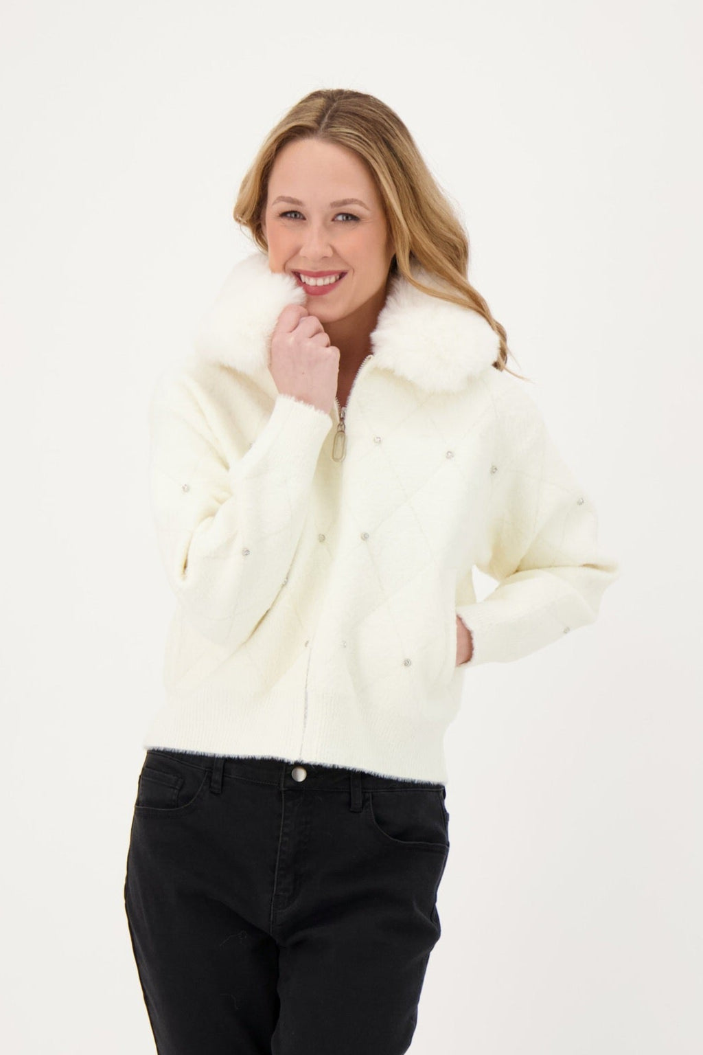 Diamond Studded Detachable Faux Fur Jacket