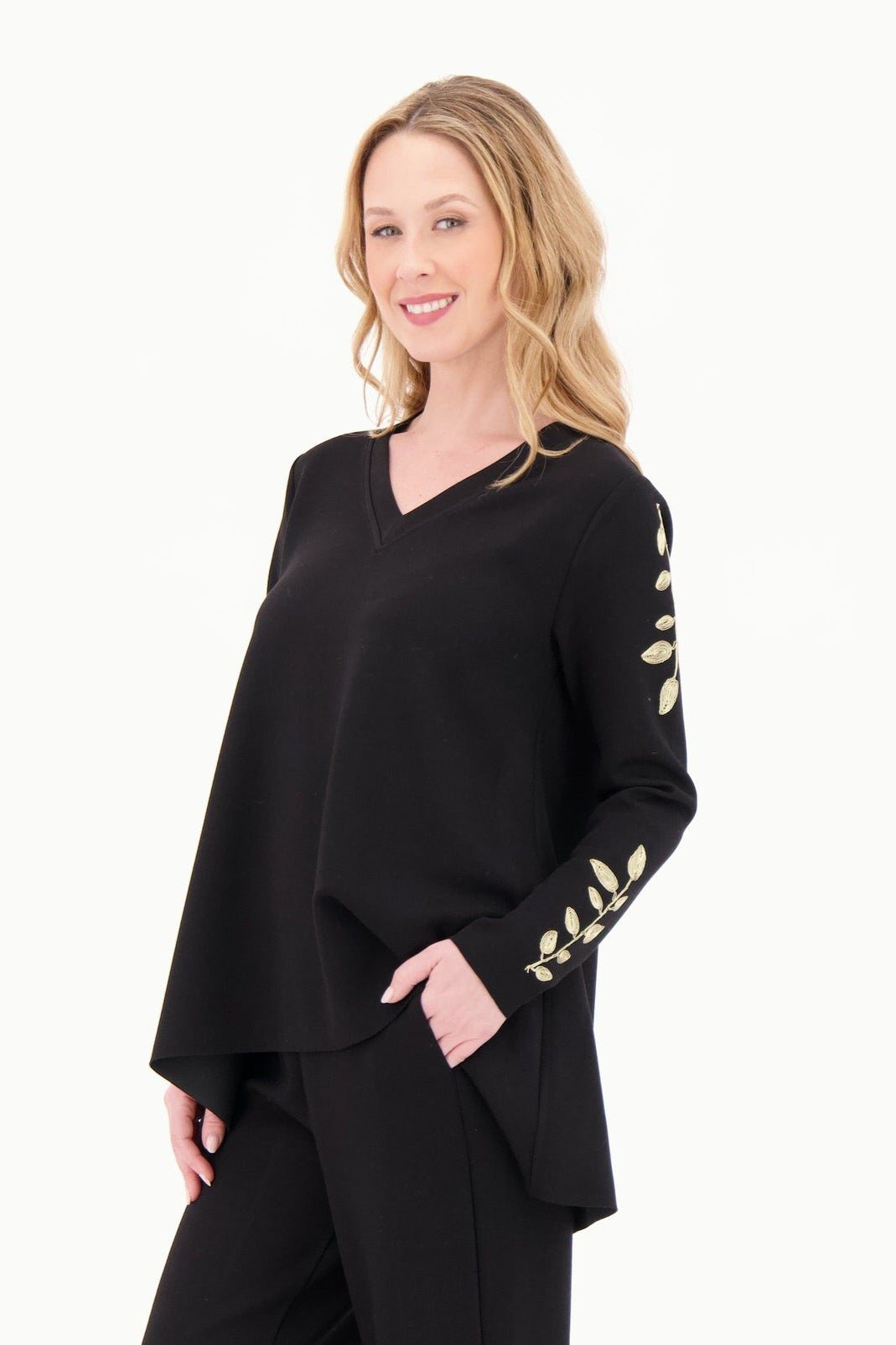 V-Neck Gold Leaf Embroidered Scuba Tunic