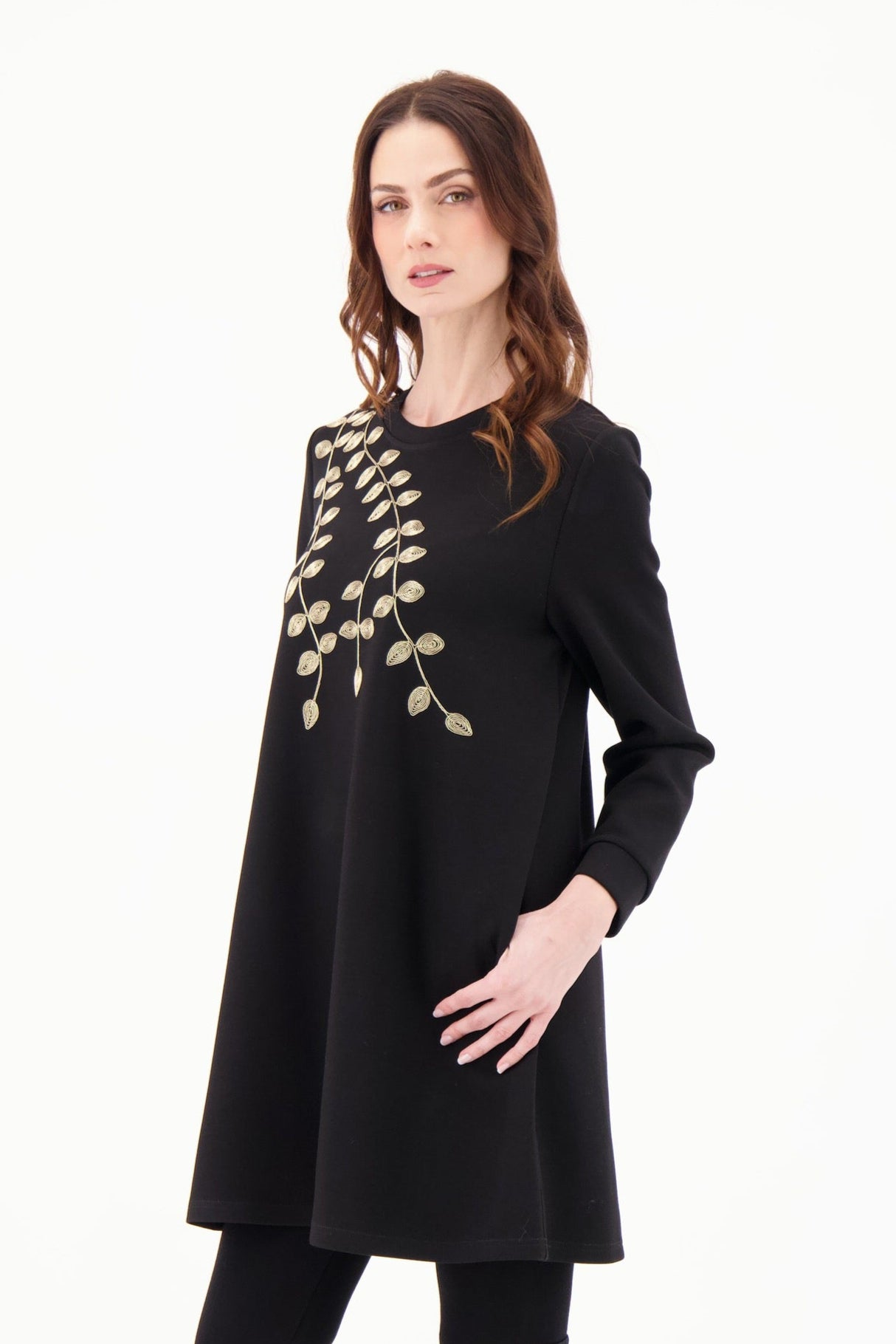 Gold Leaf Shoulder Embroidered Scuba Tunic Dress