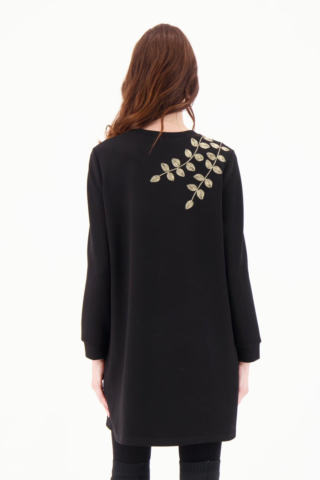 Gold Leaf Shoulder Embroidered Scuba Tunic Dress