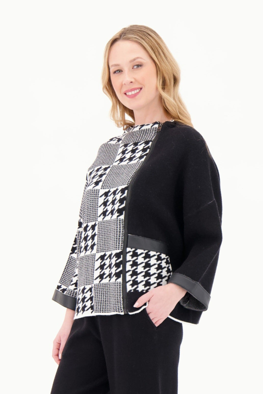 Houndstooth Loose Fit PU Cuffed Sweater Top