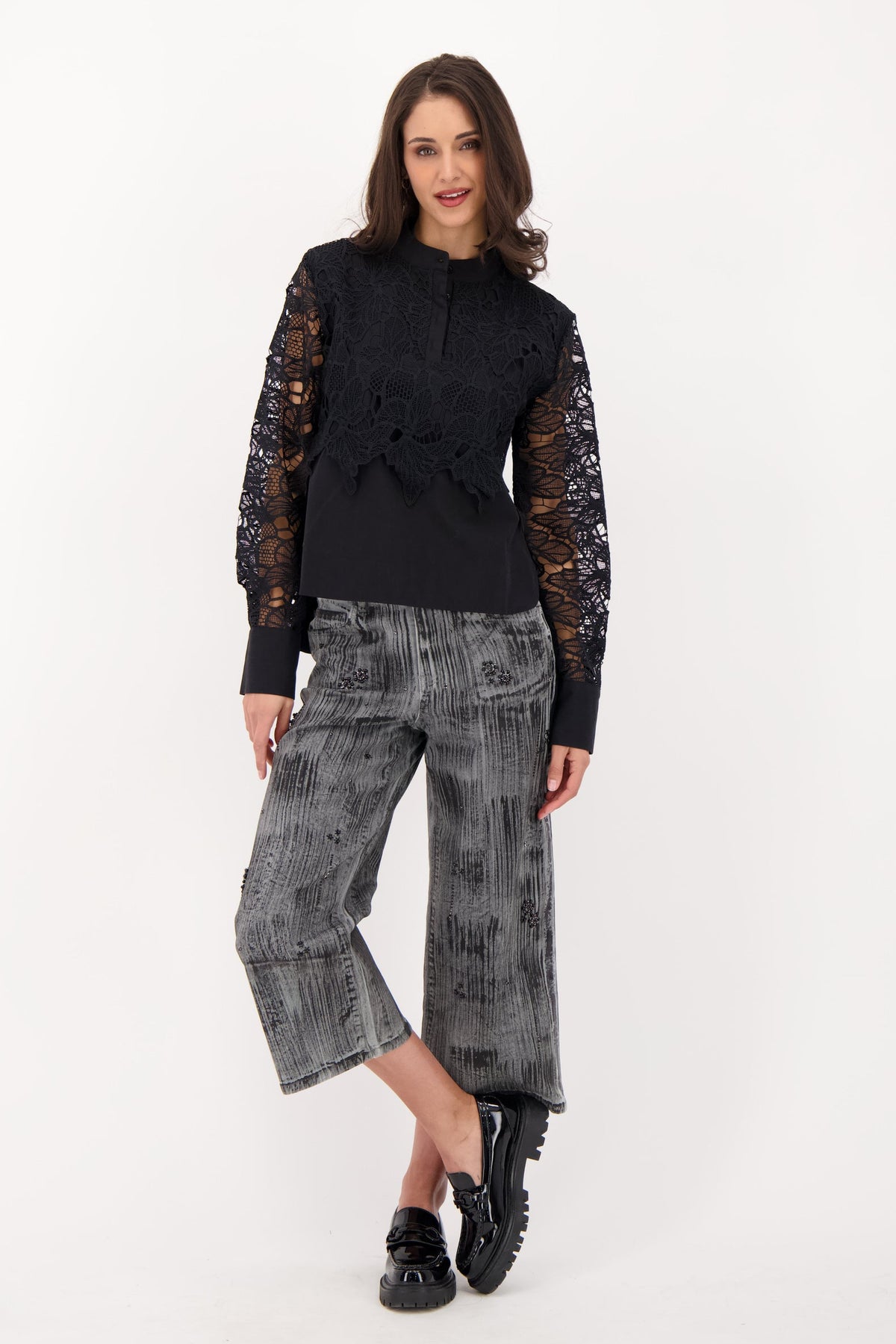 Two Tone Beaded Denim Capri