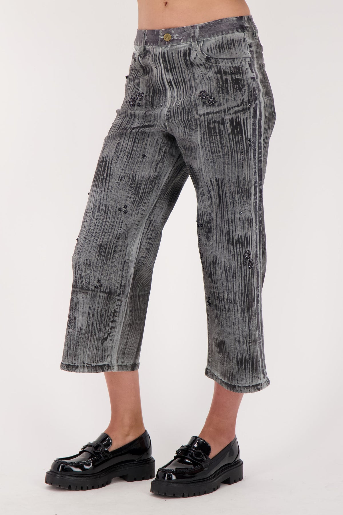 Two Tone Beaded Denim Capri