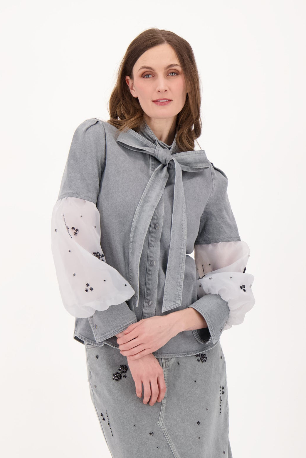 Denim With Beaded Organza Sleeve