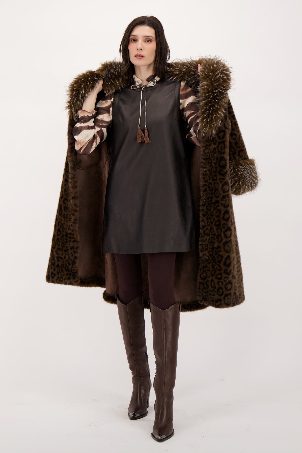 Faux Leopard Belted Coat With Mink Collar And Cuff