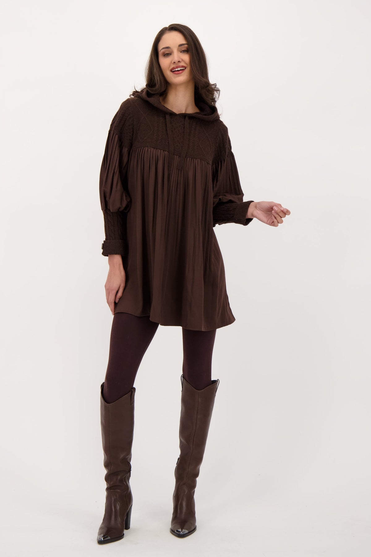 Hooded Cable Knit Pleated Dress