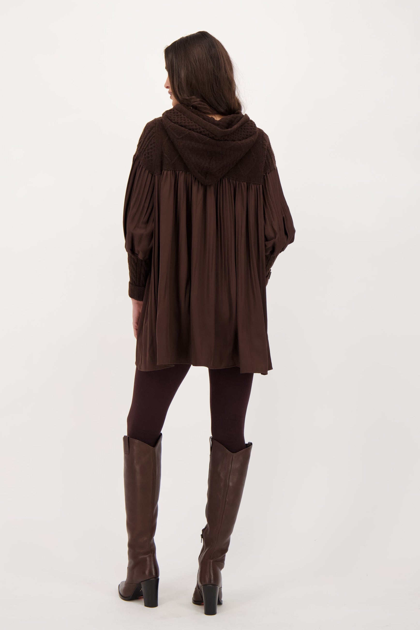 Hooded Cable Knit Pleated Dress