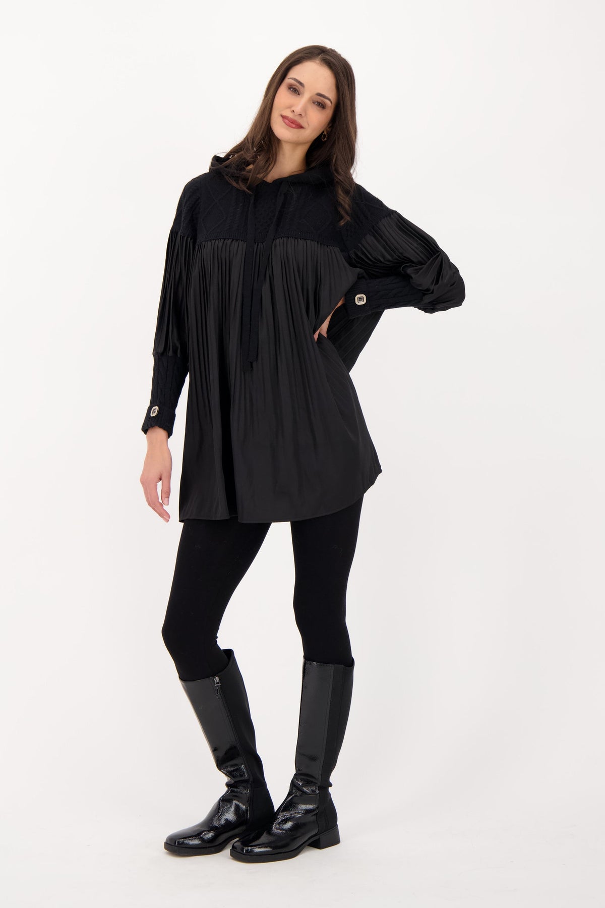 Hooded Cable Knit Pleated Dress