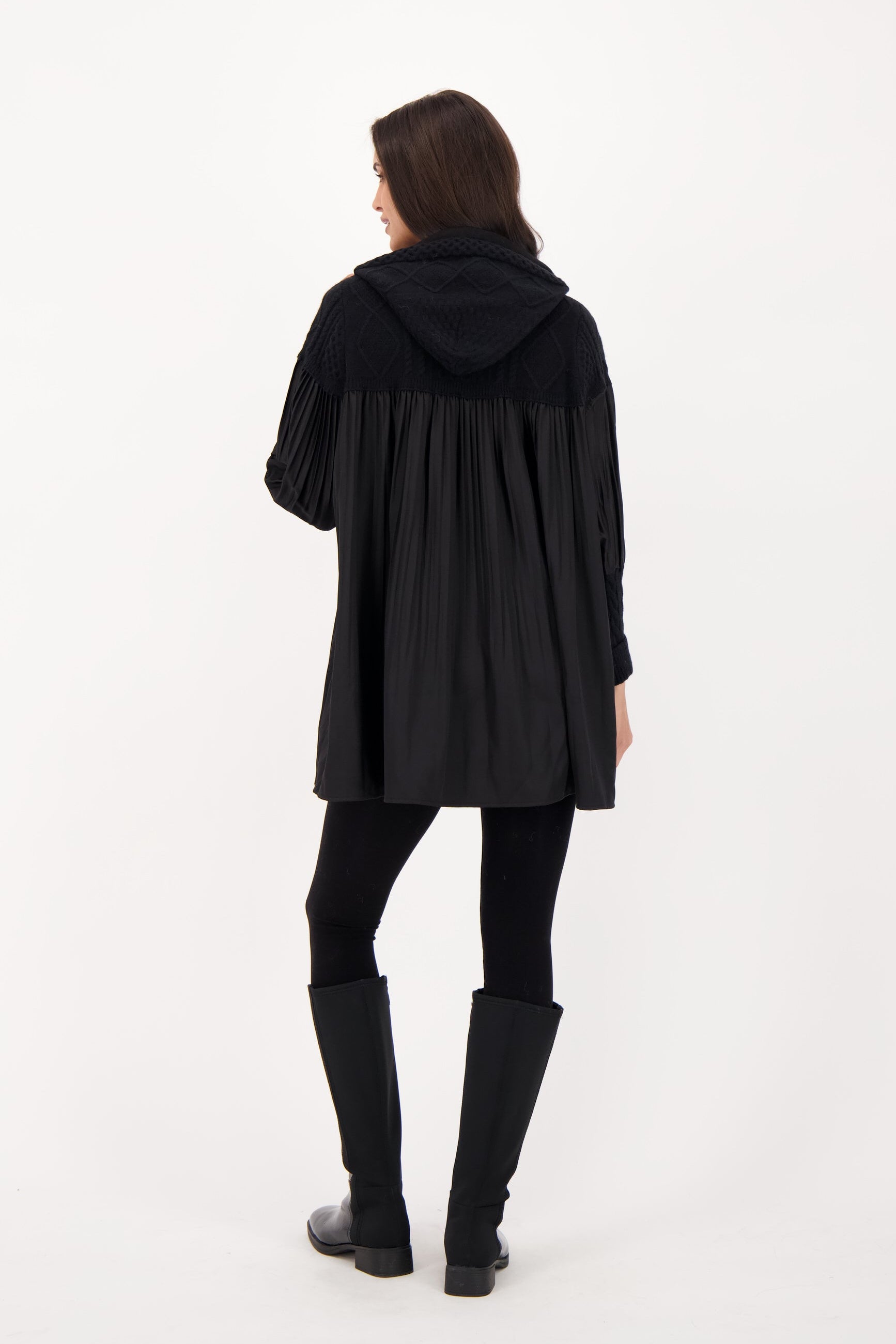 Hooded Cable Knit Pleated Dress